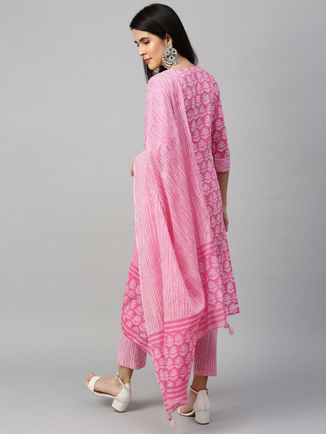 Ethnic Printed Kurta & Dupatta with Pant - Pastel Pink - Indiakreations