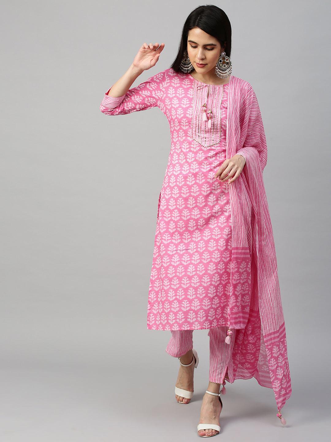 Ethnic Printed Kurta & Dupatta with Pant - Pastel Pink - Indiakreations