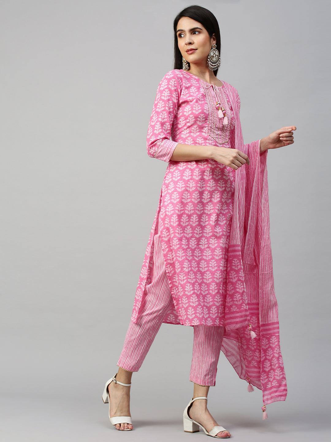 Ethnic Printed Kurta & Dupatta with Pant - Pastel Pink - Indiakreations