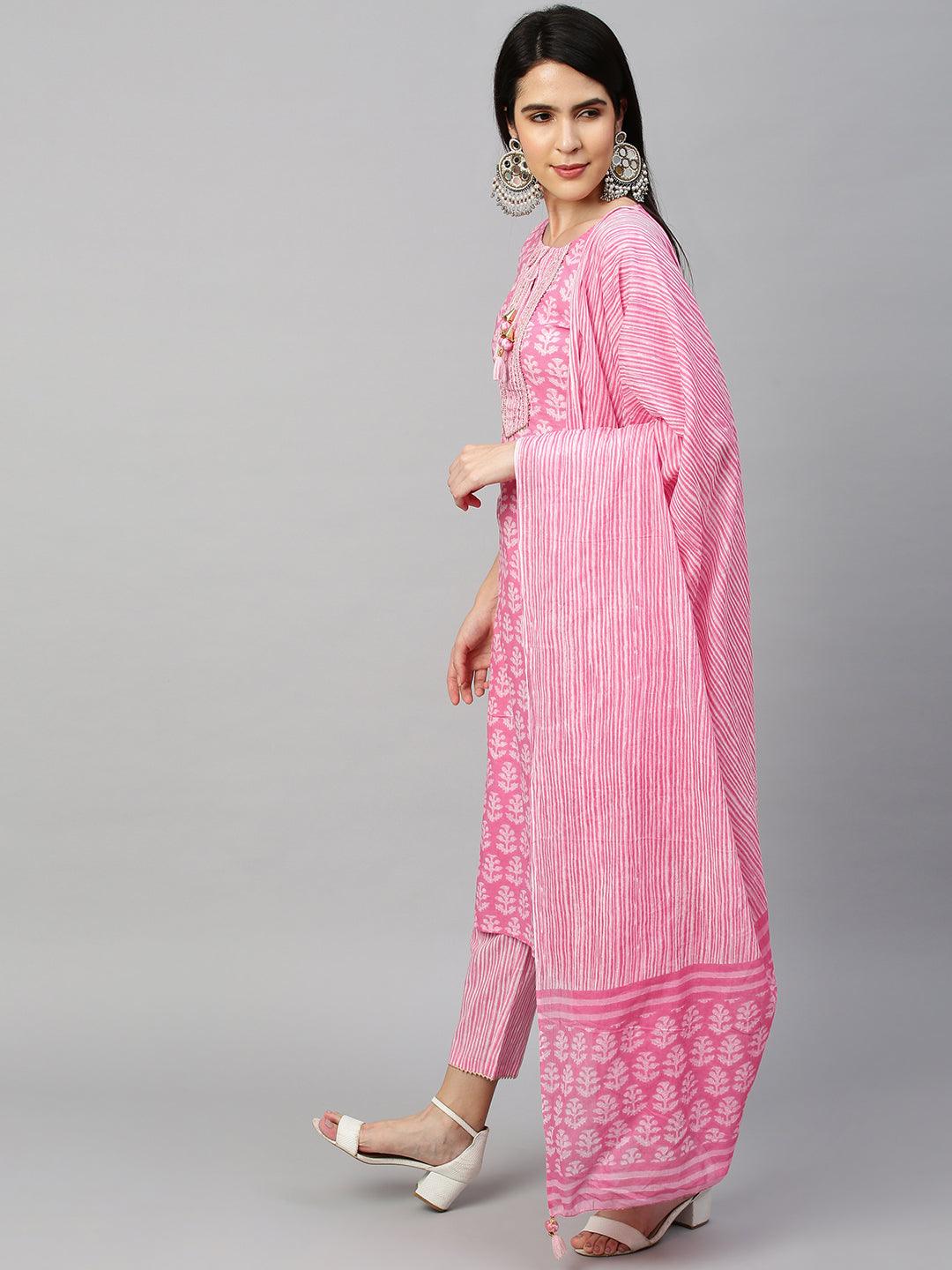 Ethnic Printed Kurta & Dupatta with Pant - Pastel Pink - Indiakreations