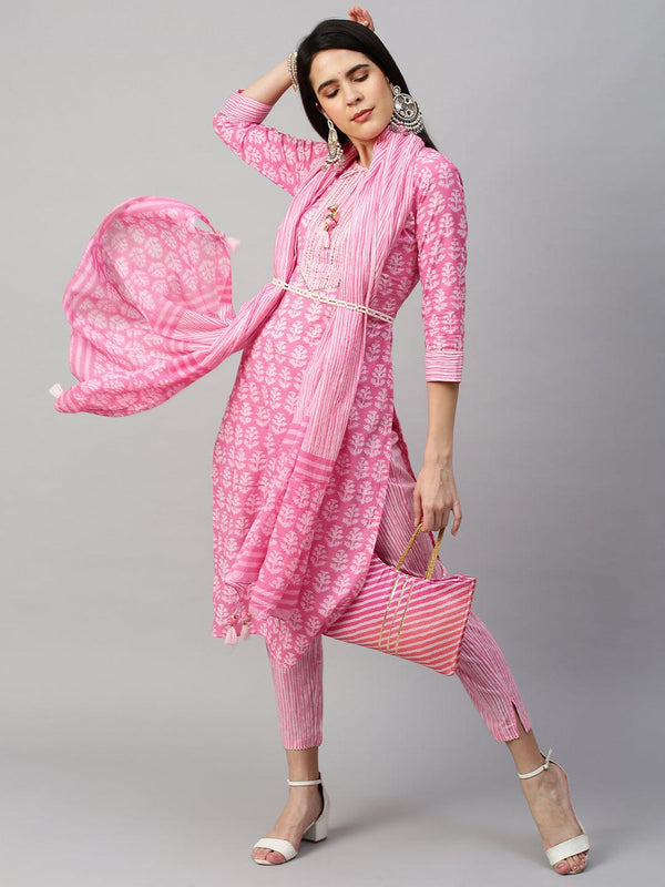 Ethnic Printed Kurta & Dupatta with Pant - Pastel Pink - Indiakreations