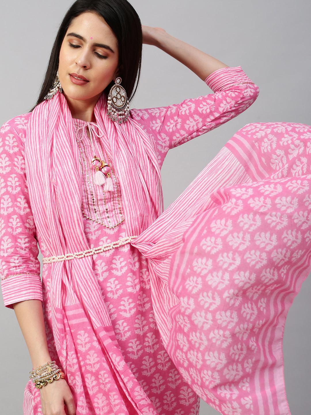 Ethnic Printed Kurta & Dupatta with Pant - Pastel Pink - Indiakreations