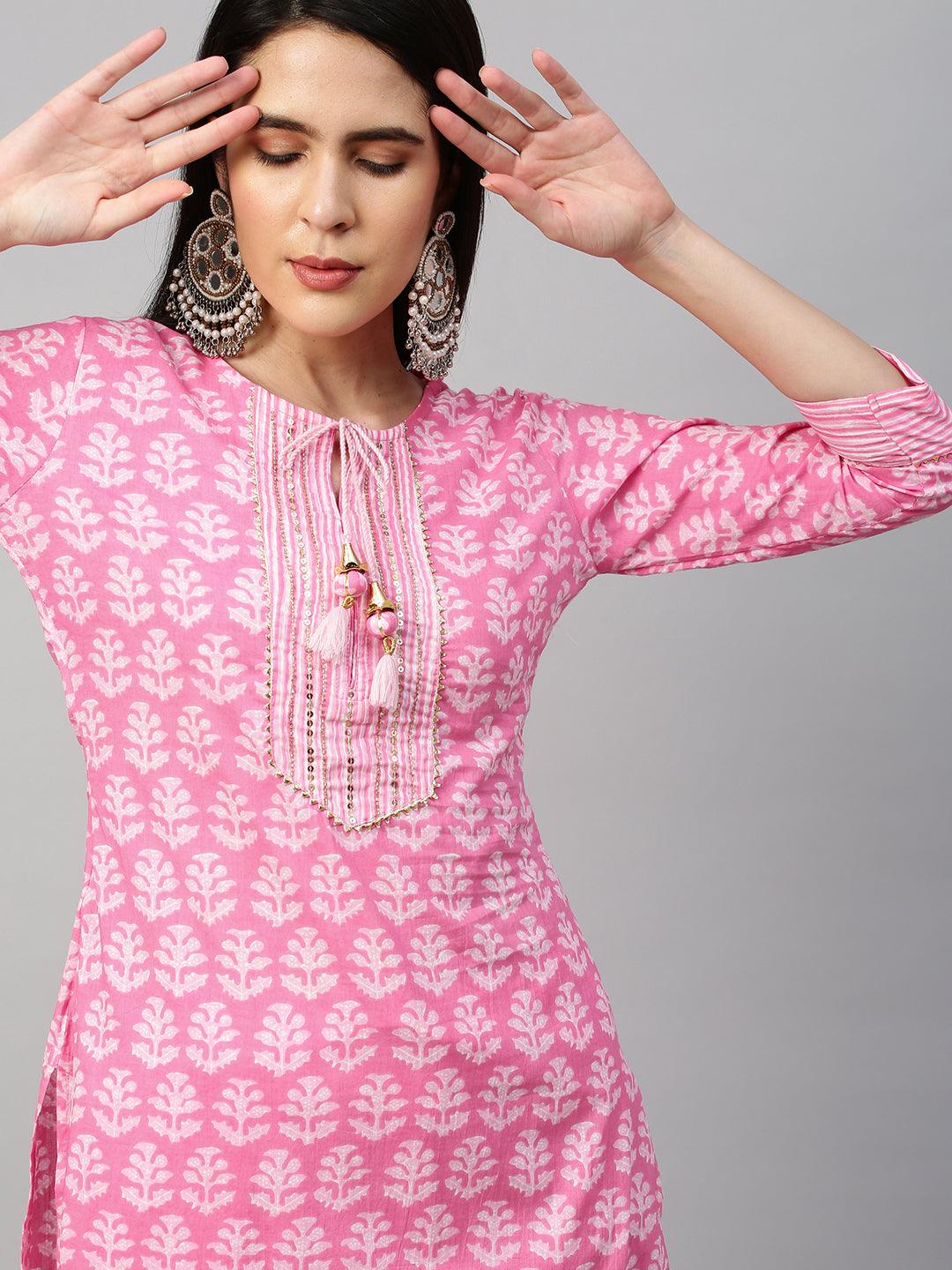 Ethnic Printed Kurta & Dupatta with Pant - Pastel Pink - Indiakreations