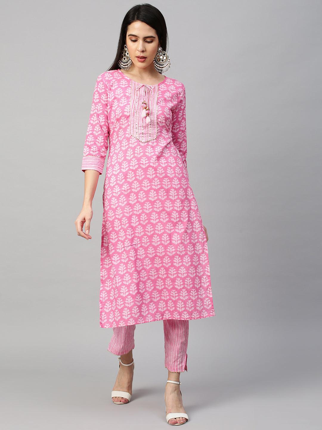 Ethnic Printed Kurta & Dupatta with Pant - Pastel Pink - Indiakreations