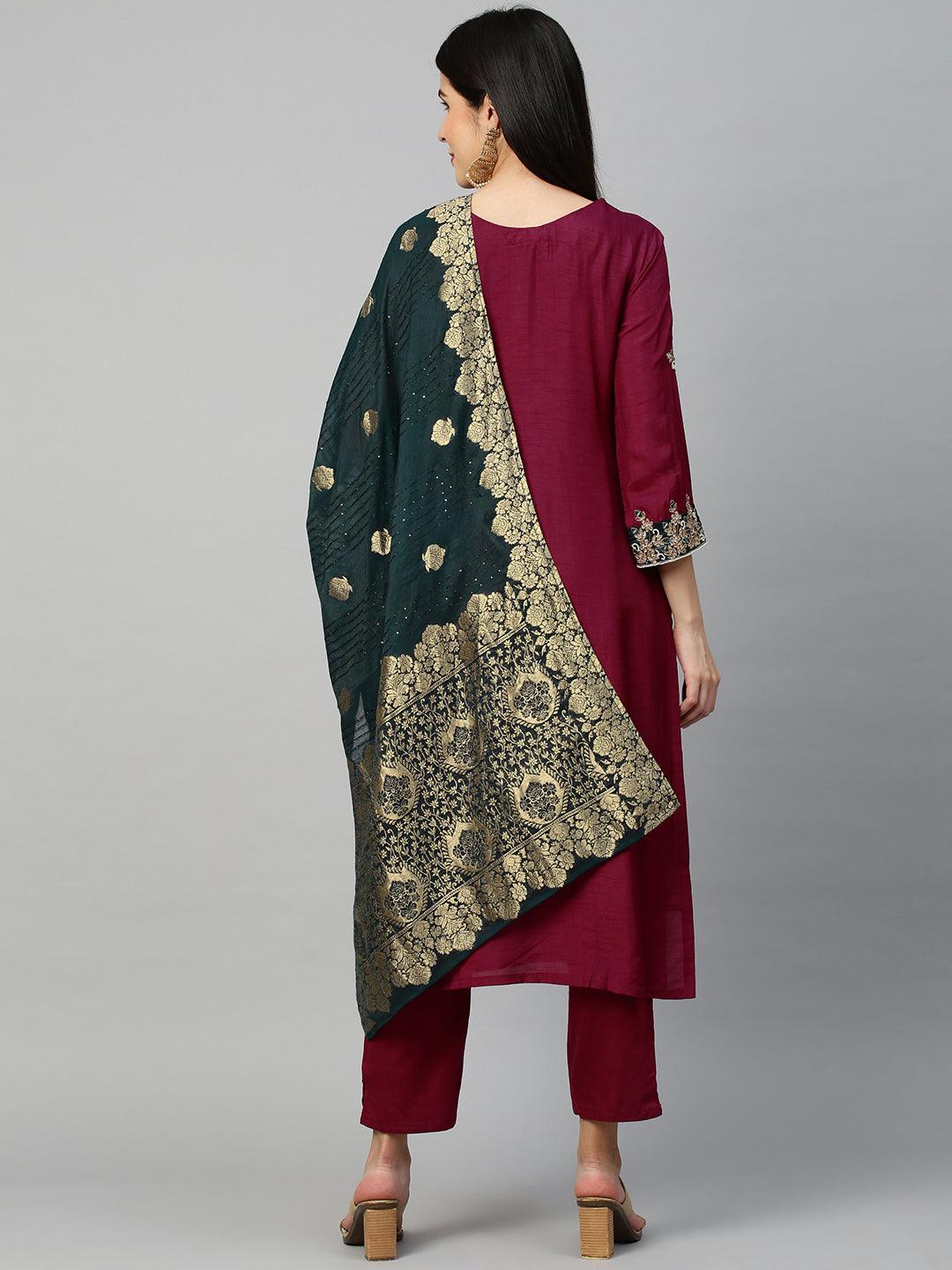 Intricately Embroidered Kurta & Dupatta with Pant - Mulberry Pink - Indiakreations