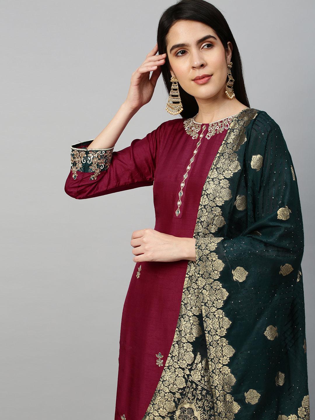 Intricately Embroidered Kurta & Dupatta with Pant - Mulberry Pink - Indiakreations