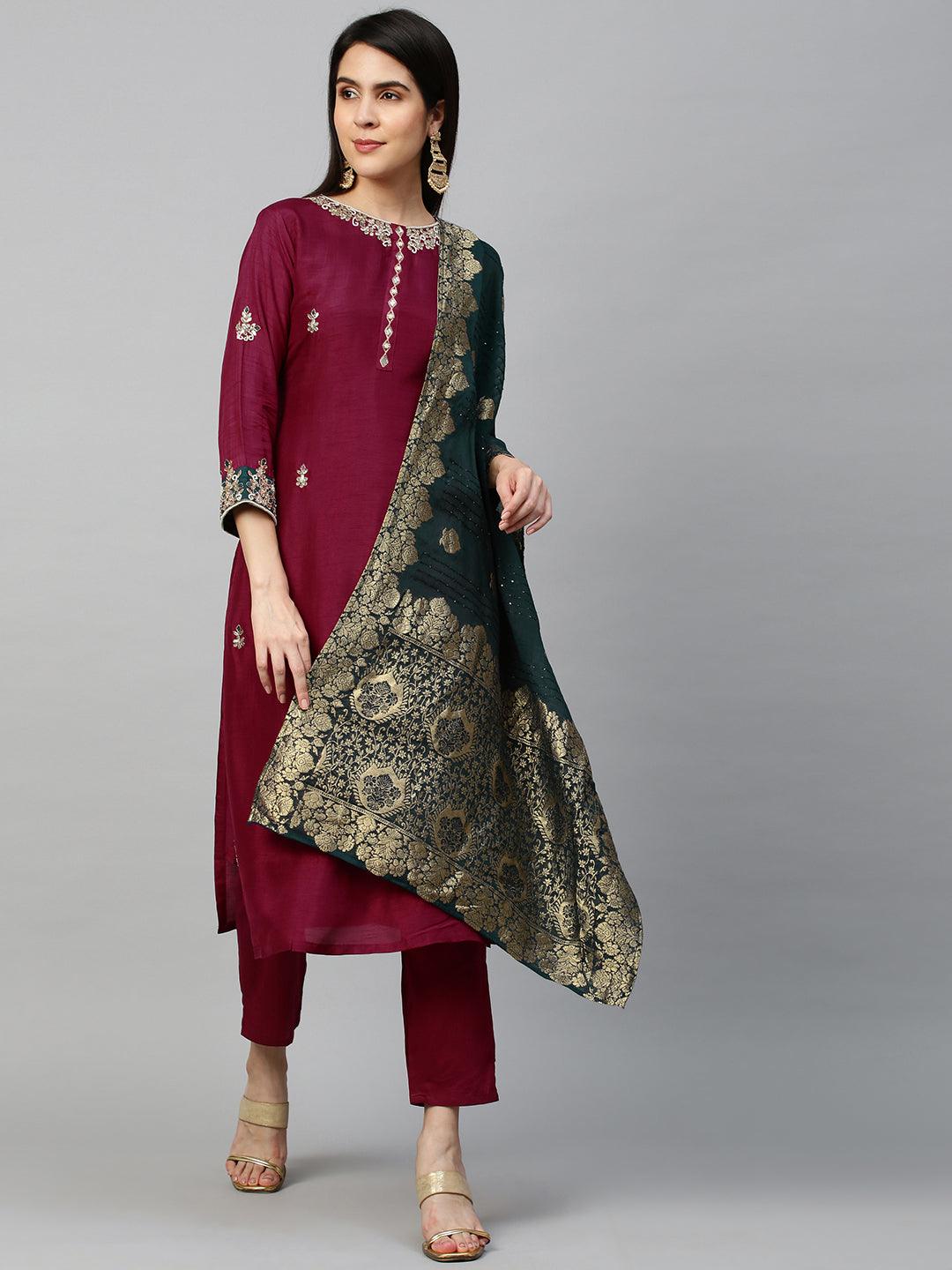 Intricately Embroidered Kurta & Dupatta with Pant - Mulberry Pink - Indiakreations