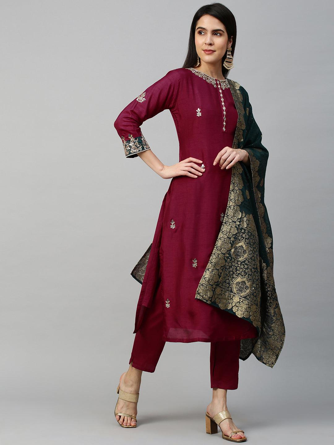 Intricately Embroidered Kurta & Dupatta with Pant - Mulberry Pink - Indiakreations