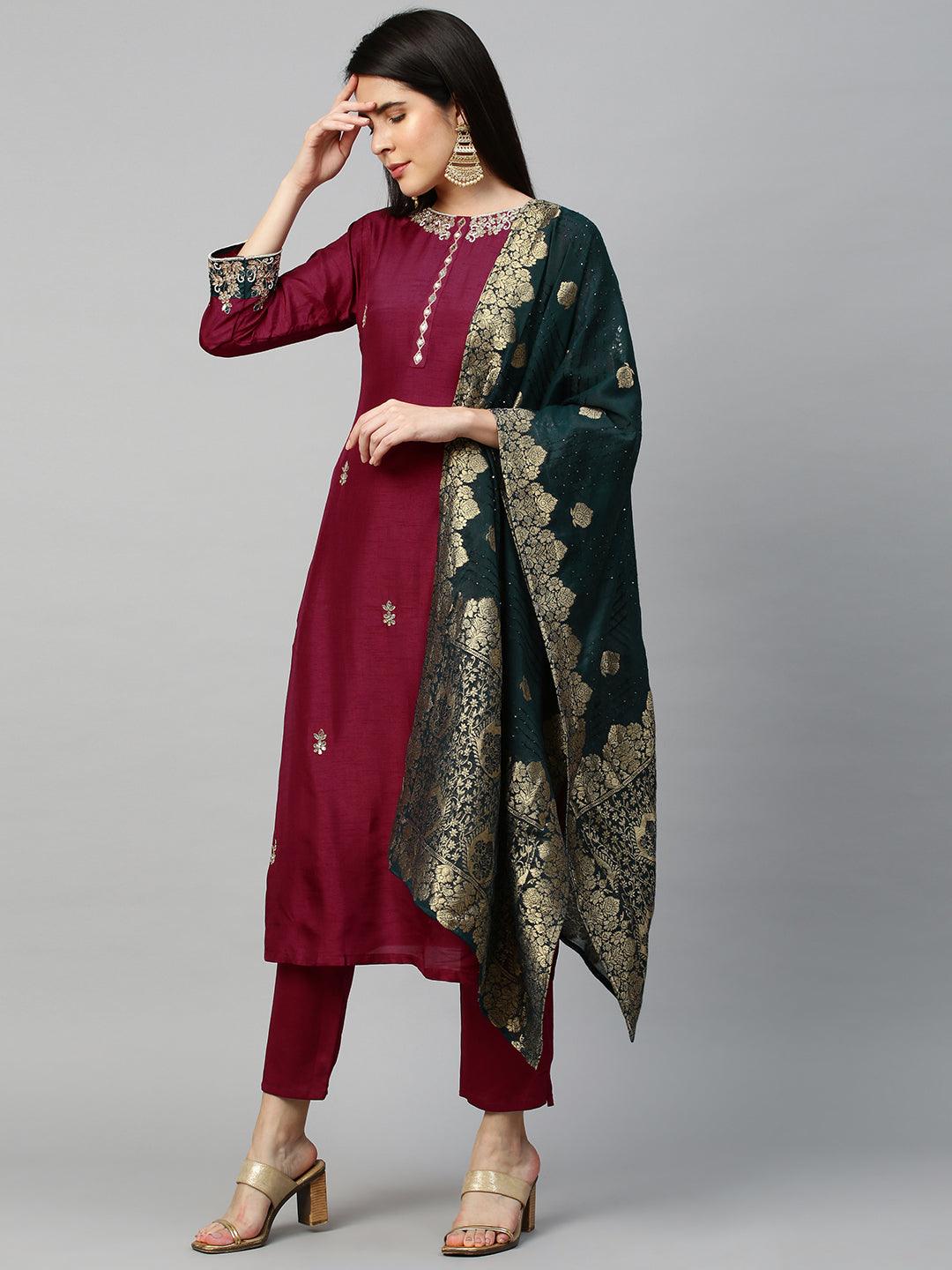 Intricately Embroidered Kurta & Dupatta with Pant - Mulberry Pink - Indiakreations