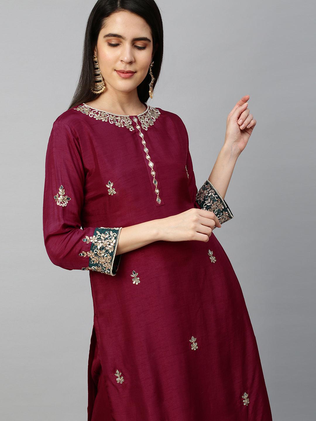 Intricately Embroidered Kurta & Dupatta with Pant - Mulberry Pink - Indiakreations