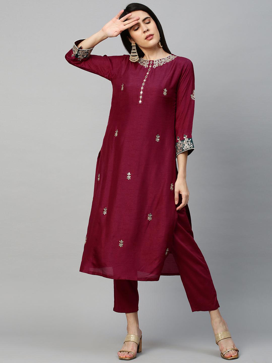 Intricately Embroidered Kurta & Dupatta with Pant - Mulberry Pink - Indiakreations