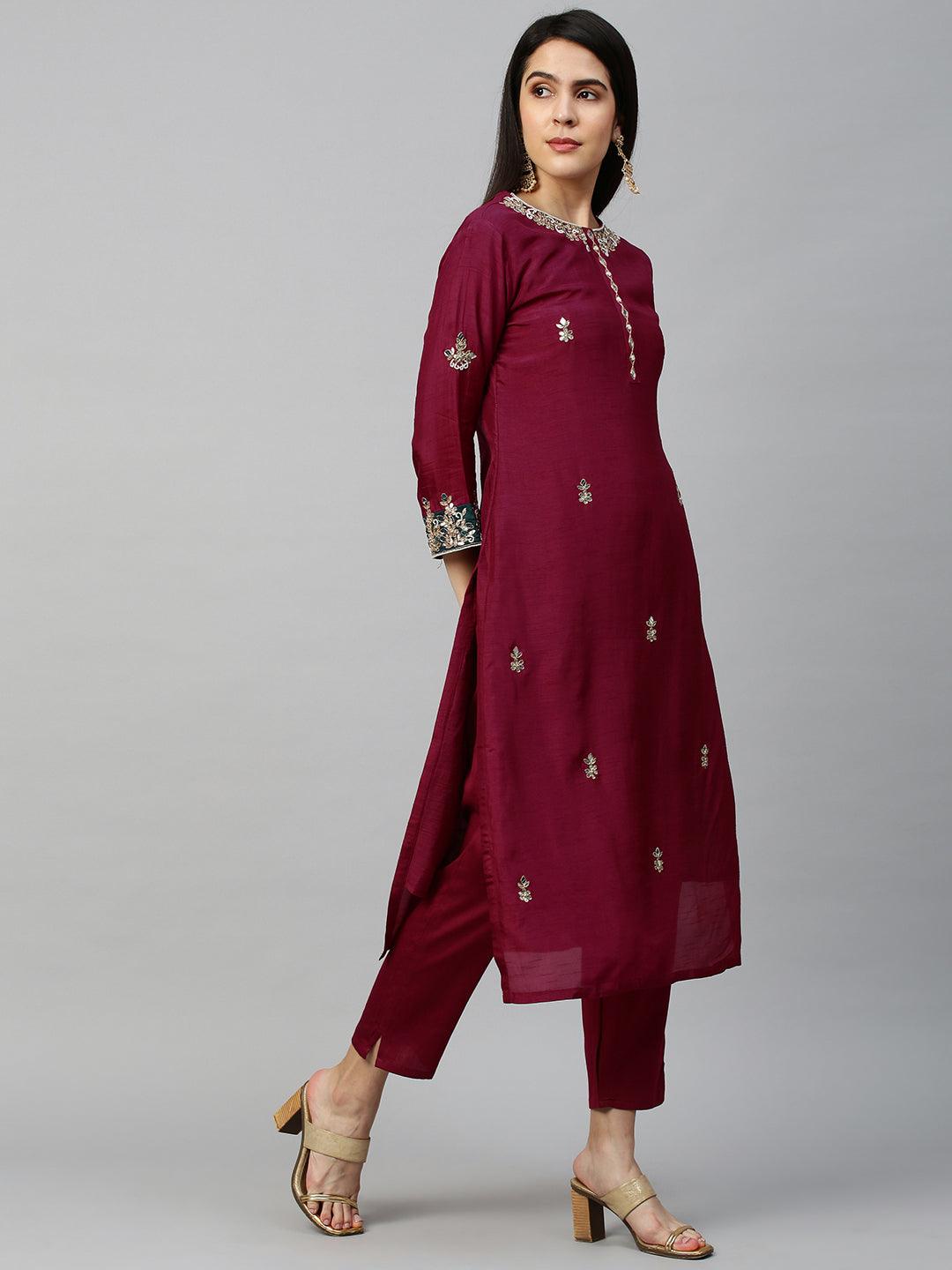 Intricately Embroidered Kurta & Dupatta with Pant - Mulberry Pink - Indiakreations