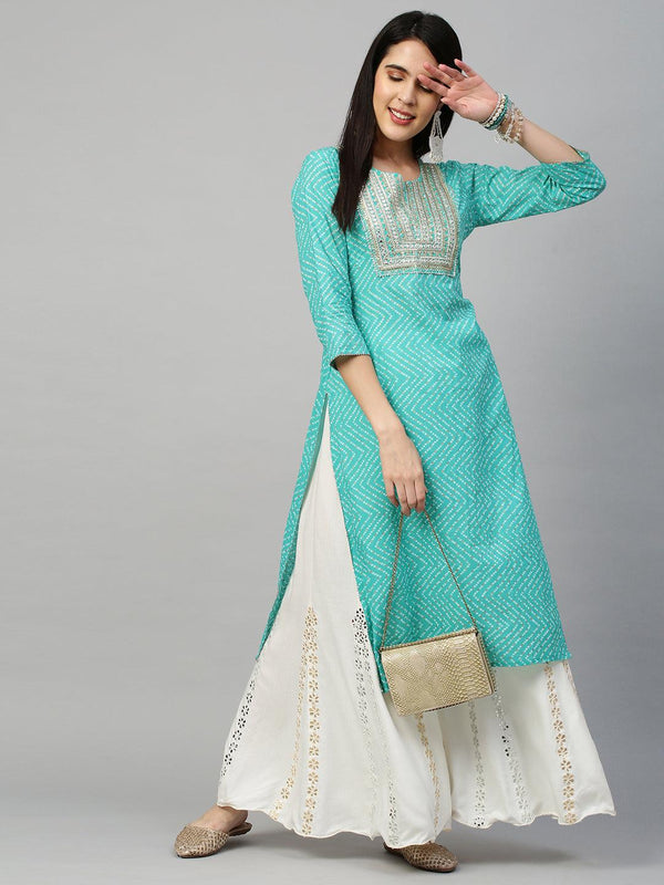 Bandhej Printed & Embroidered Kurta - Sea Green - Indiakreations