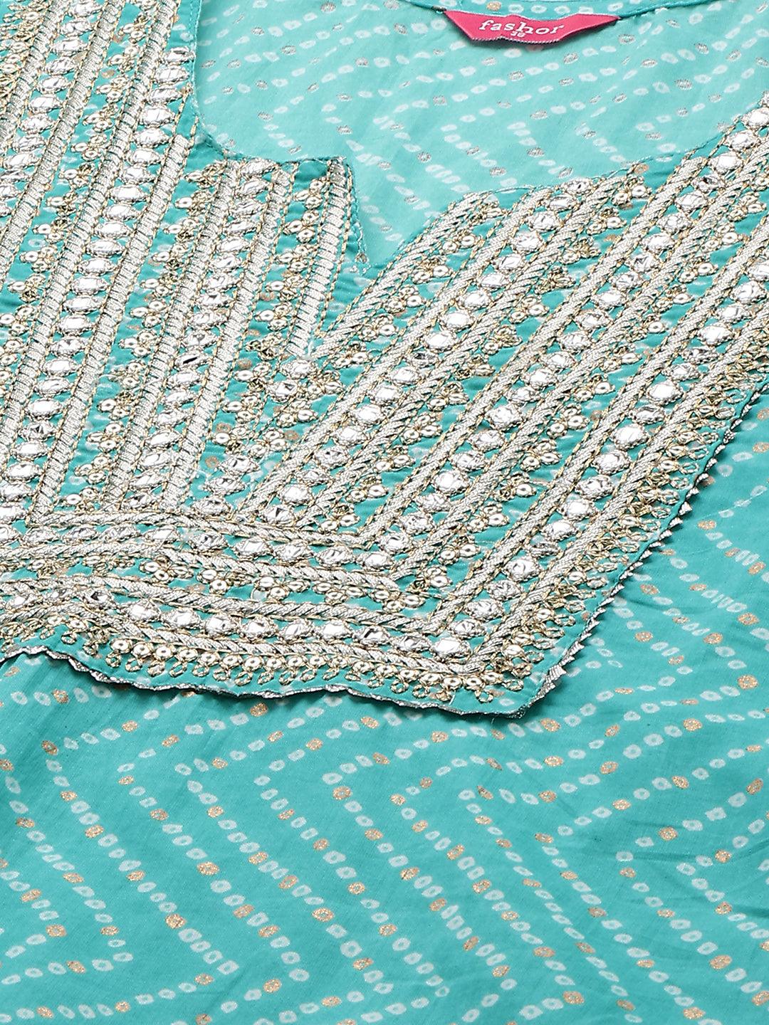 Bandhej Printed & Embroidered Kurta - Sea Green - Indiakreations