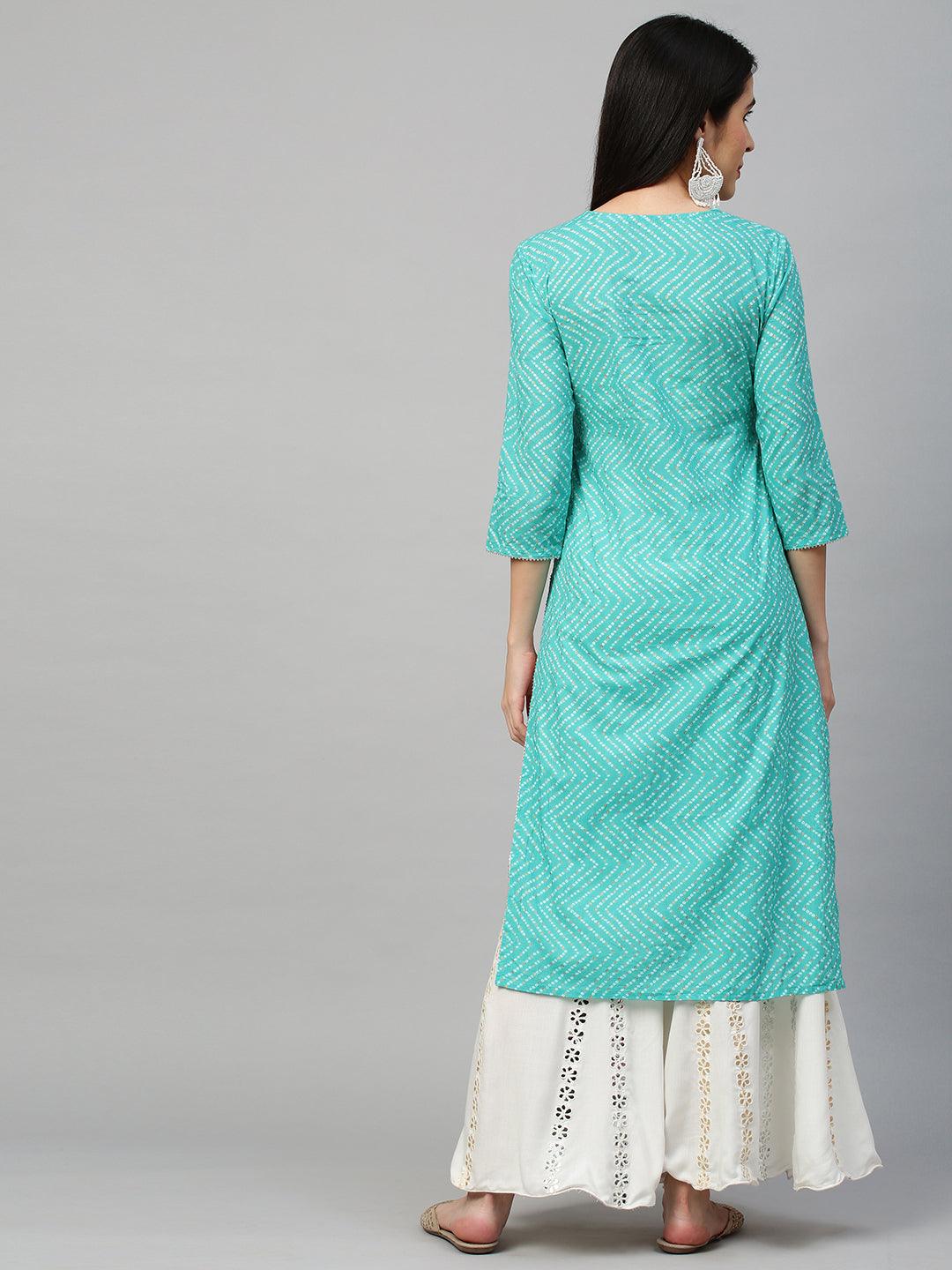 Bandhej Printed & Embroidered Kurta - Sea Green - Indiakreations