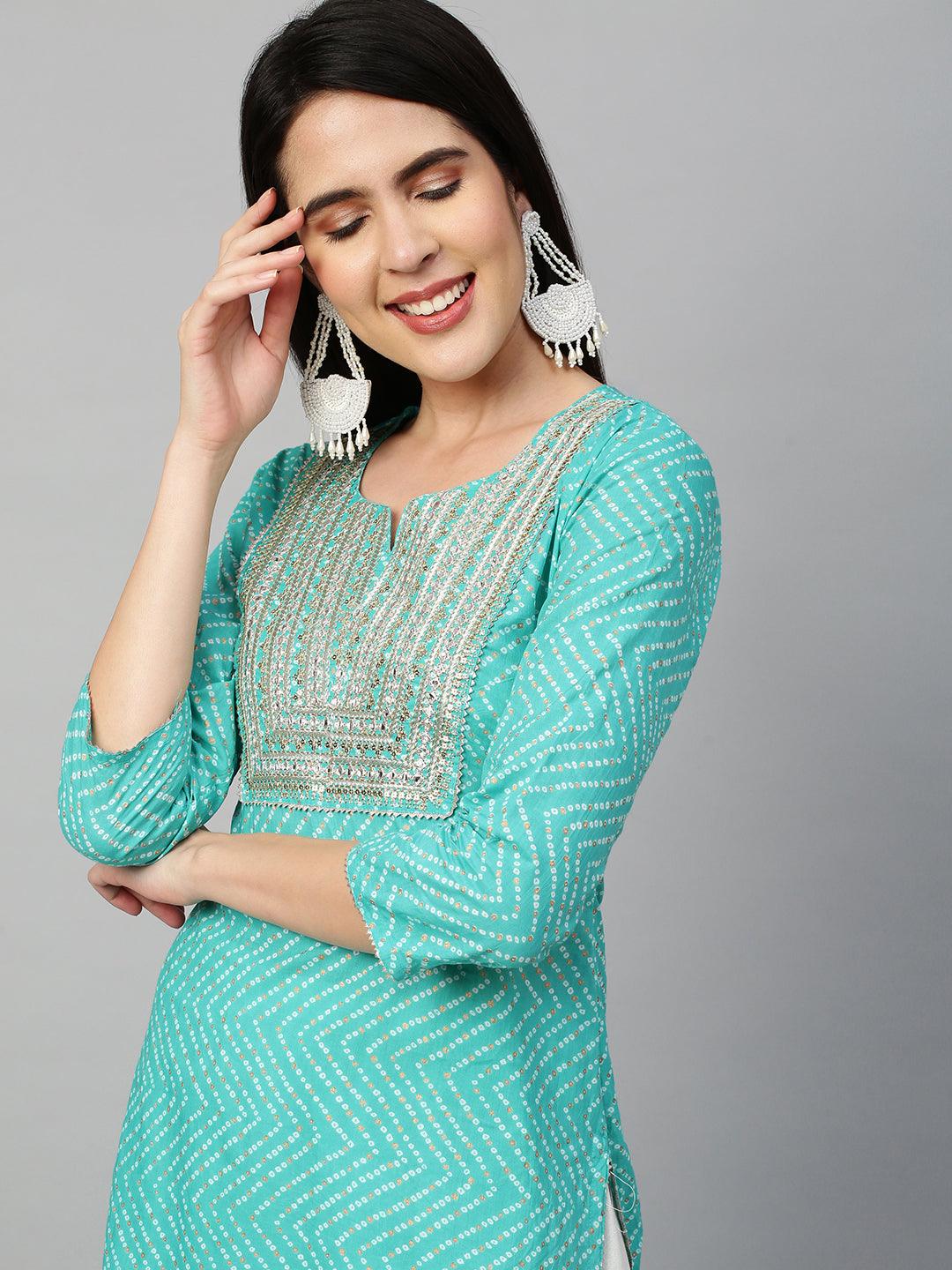 Bandhej Printed & Embroidered Kurta - Sea Green - Indiakreations