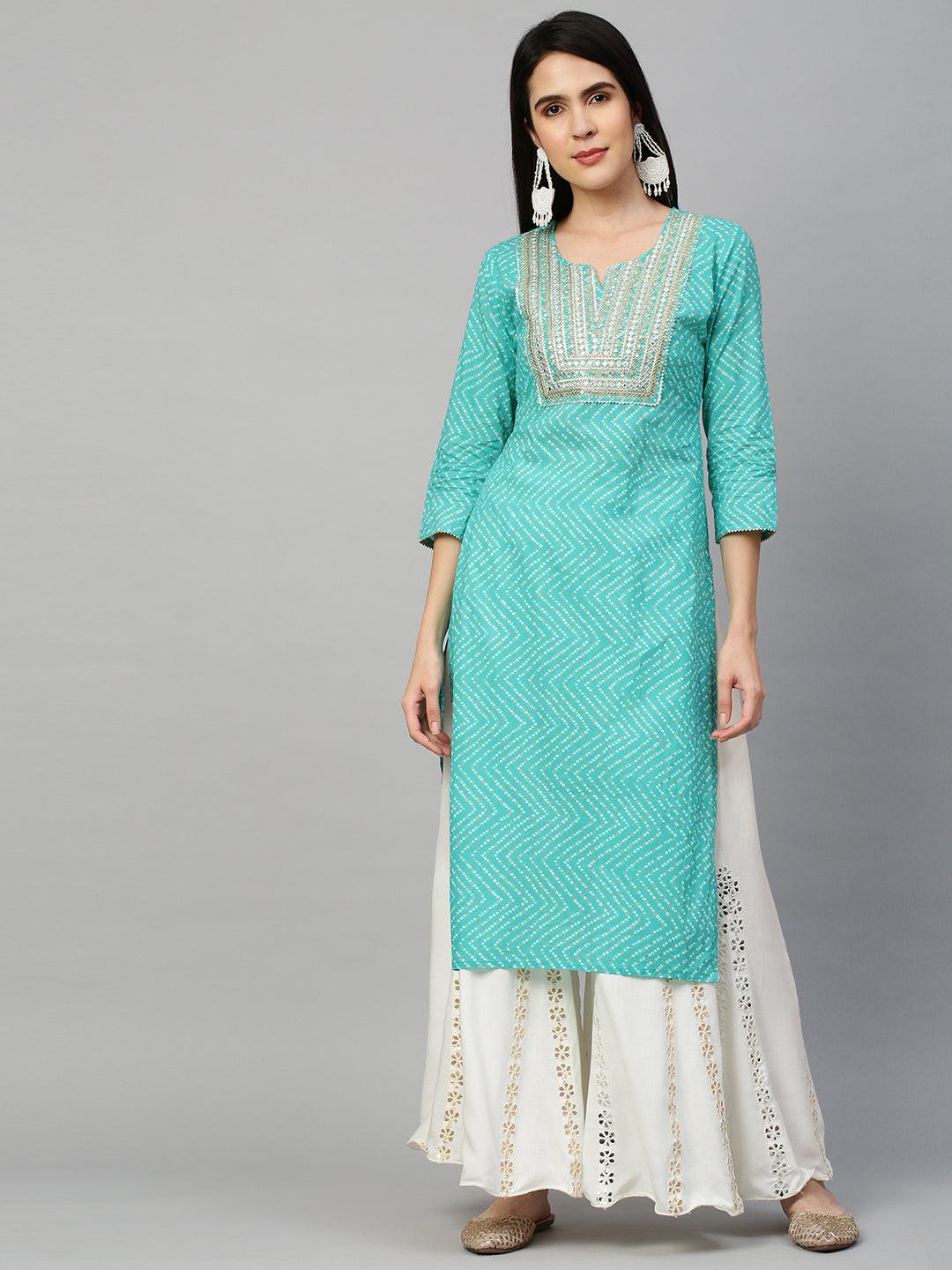 Bandhej Printed & Embroidered Kurta - Sea Green - Indiakreations