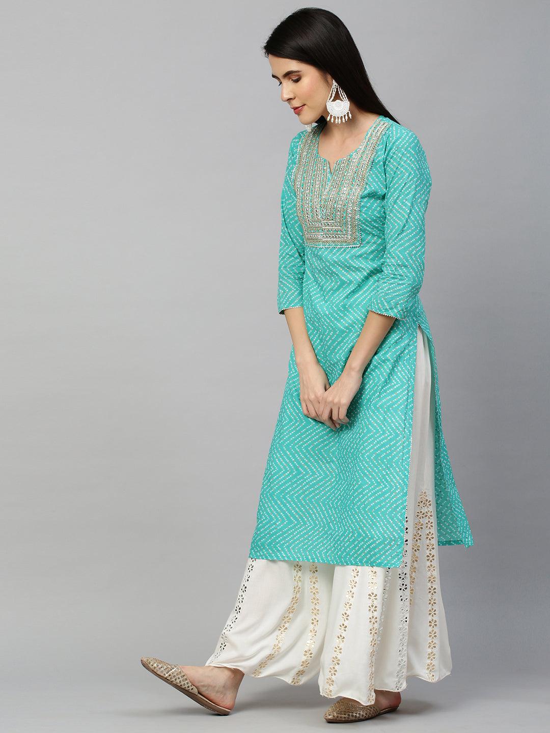 Bandhej Printed & Embroidered Kurta - Sea Green - Indiakreations