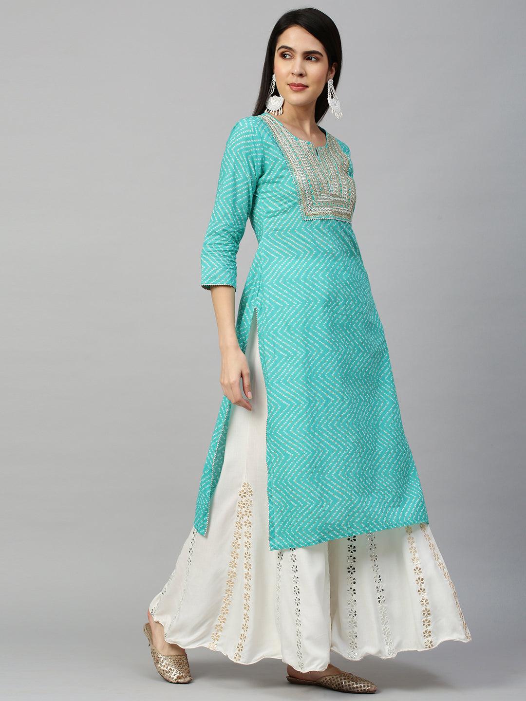 Bandhej Printed & Embroidered Kurta - Sea Green - Indiakreations