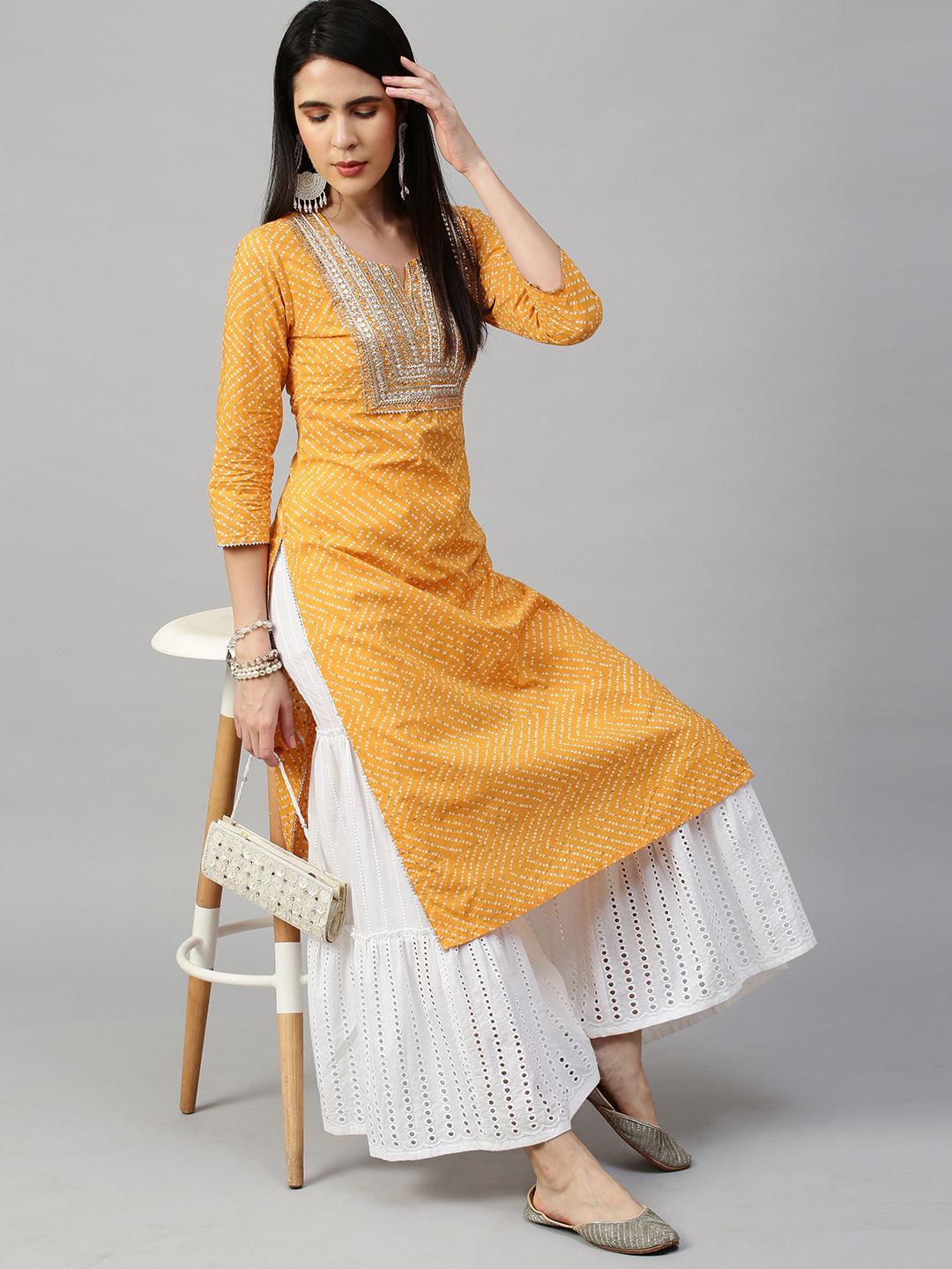 Bandhej Printed & Embroidered Kurta - Mustard - Indiakreations