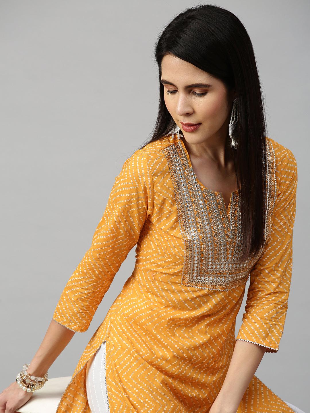 Bandhej Printed & Embroidered Kurta - Mustard - Indiakreations