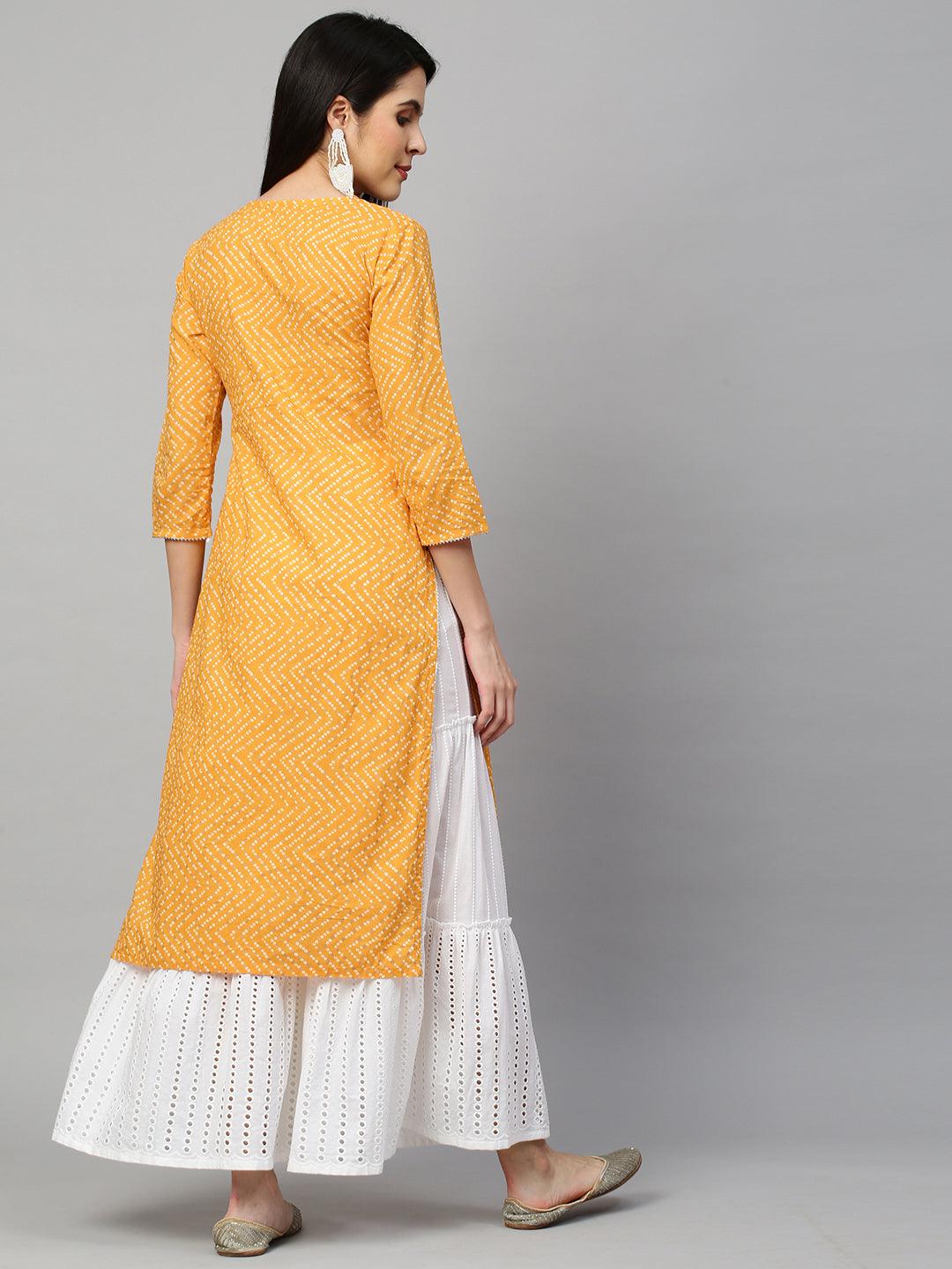 Bandhej Printed & Embroidered Kurta - Mustard - Indiakreations