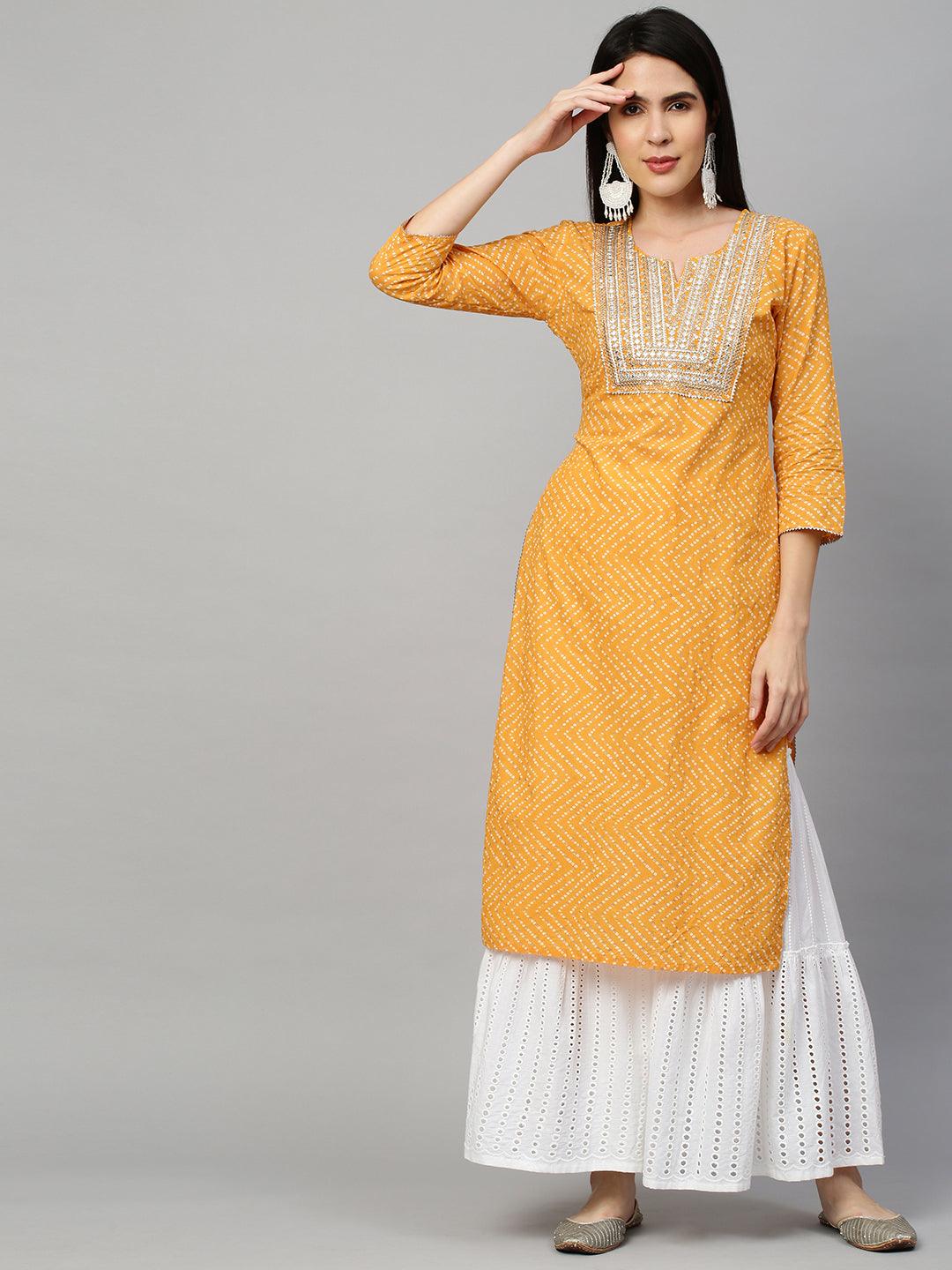 Bandhej Printed & Embroidered Kurta - Mustard - Indiakreations