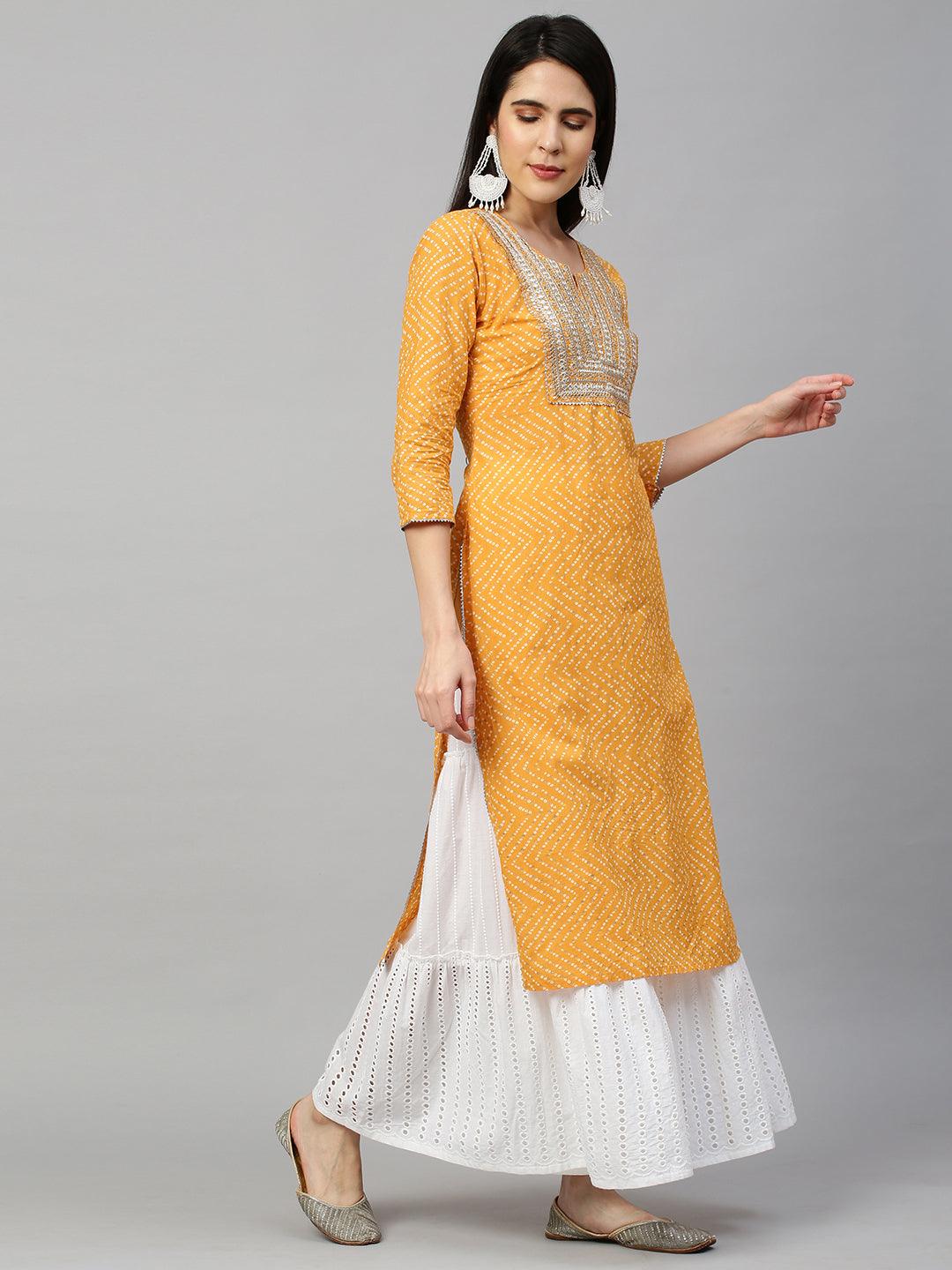 Bandhej Printed & Embroidered Kurta - Mustard - Indiakreations