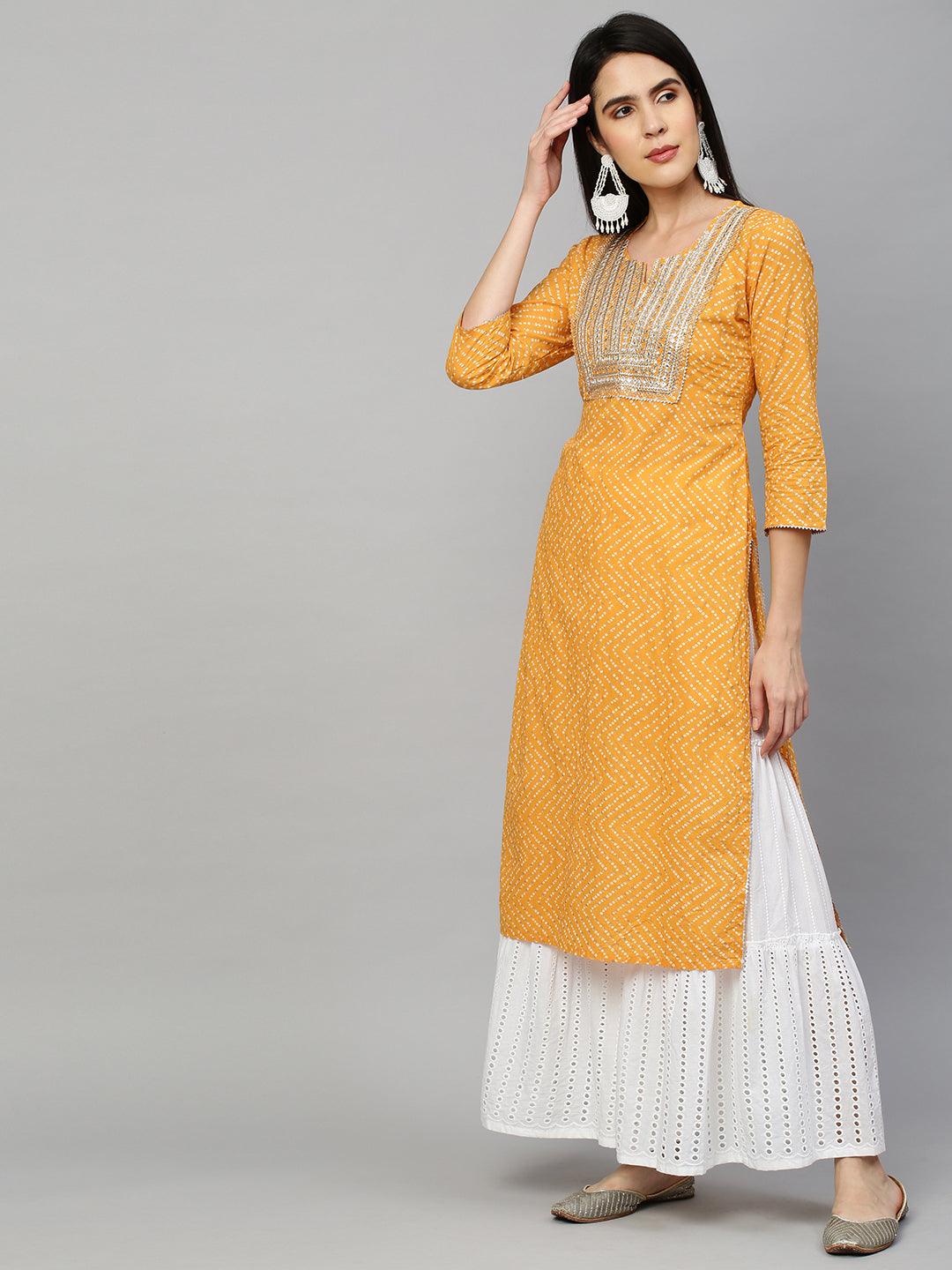 Bandhej Printed & Embroidered Kurta - Mustard - Indiakreations