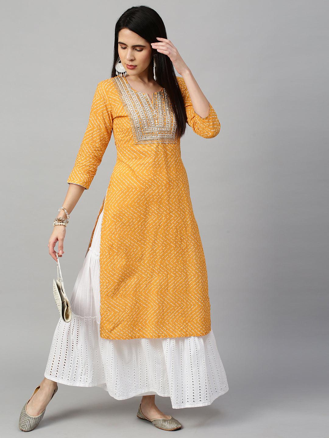 Bandhej Printed & Embroidered Kurta - Mustard - Indiakreations