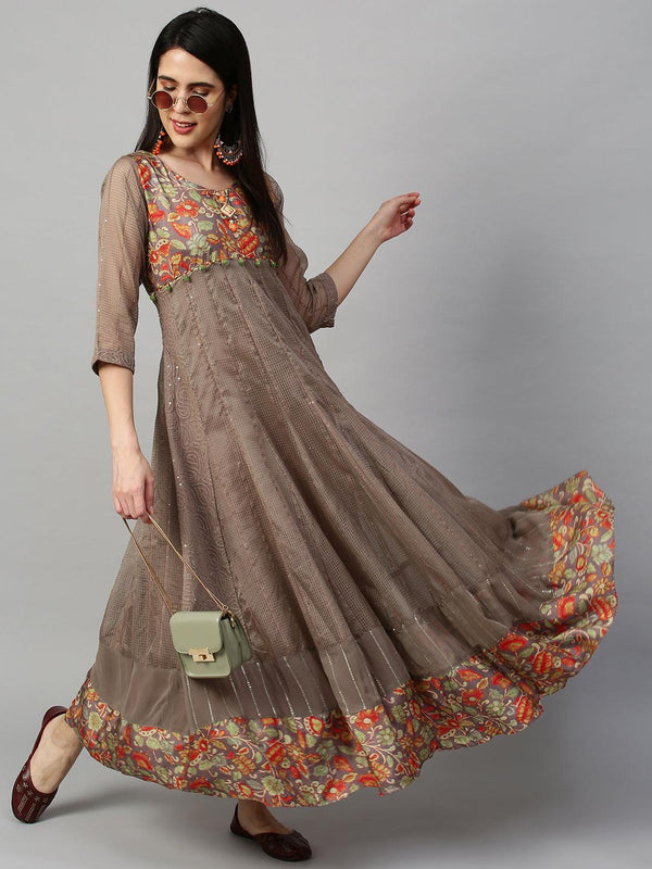 Floral Printed & Paneled Maxi Dress - Fawn - Indiakreations