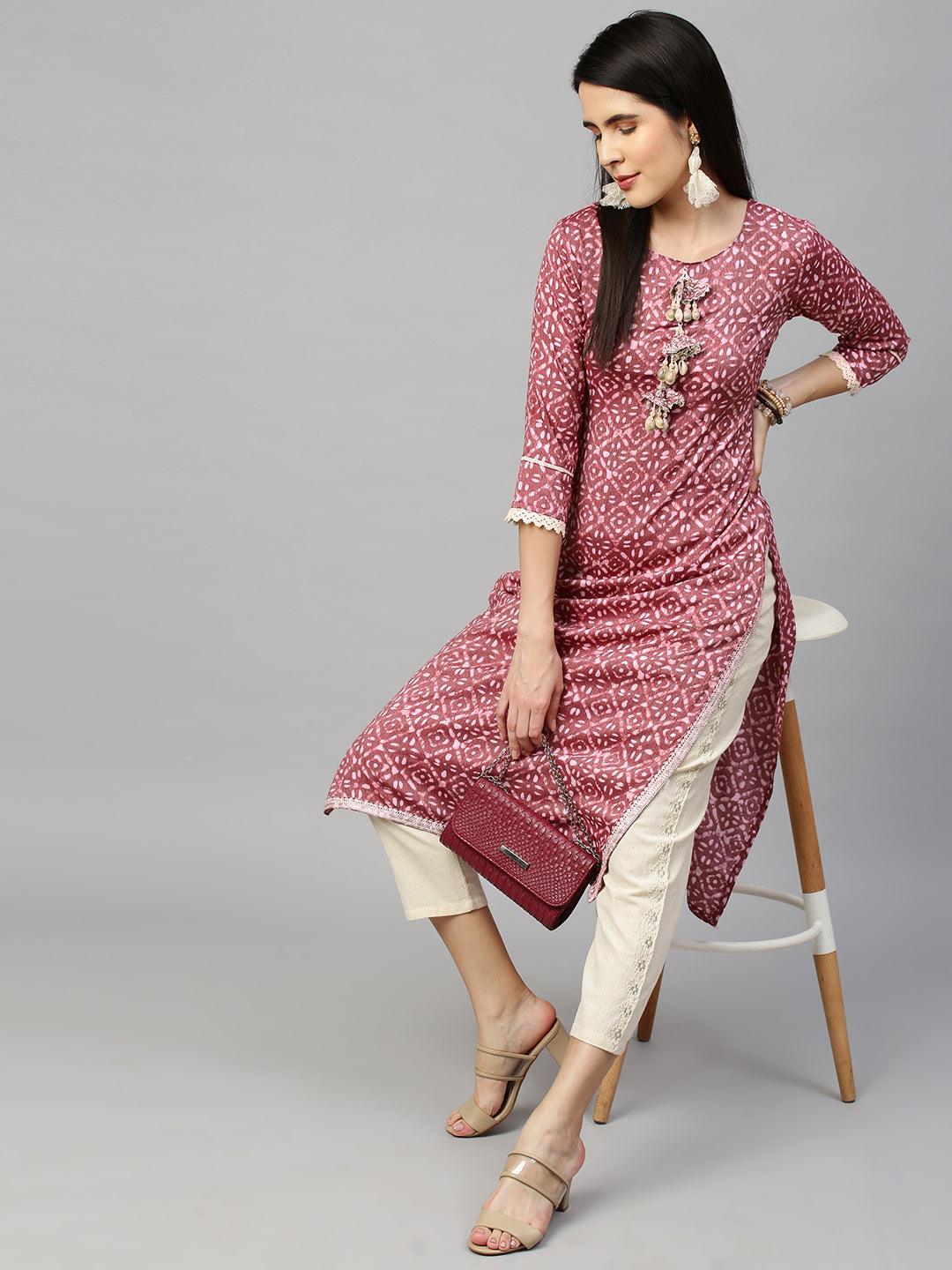 Batik Printed & Embroidered Straight Kurta - Rouge Pink - Indiakreations