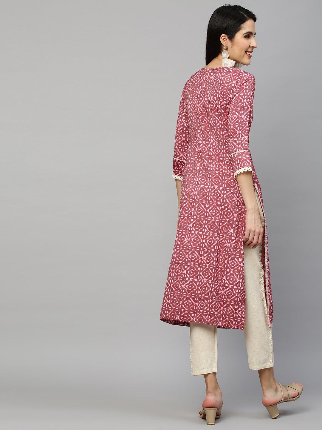 Batik Printed & Embroidered Straight Kurta - Rouge Pink - Indiakreations