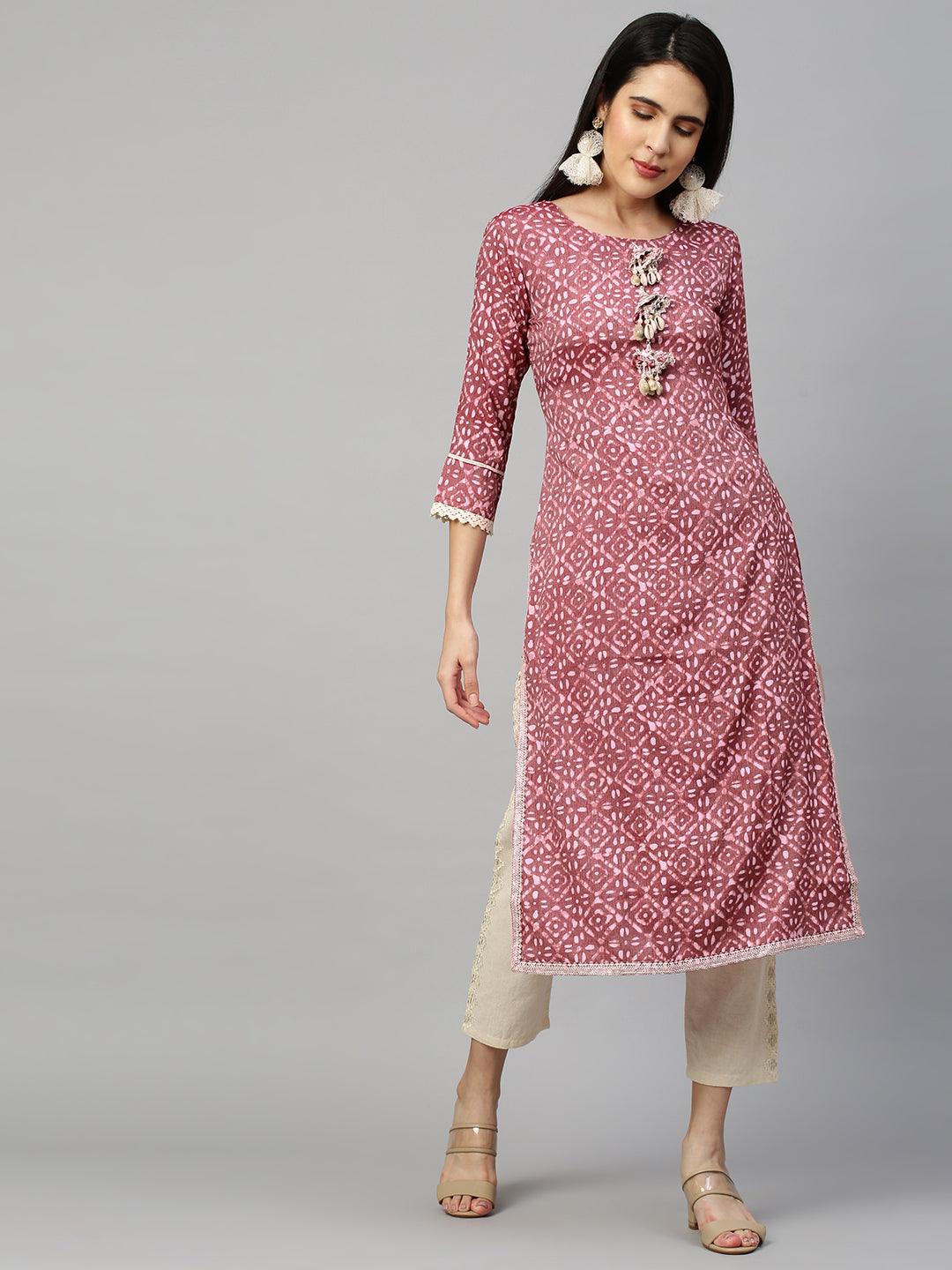 Batik Printed & Embroidered Straight Kurta - Rouge Pink - Indiakreations