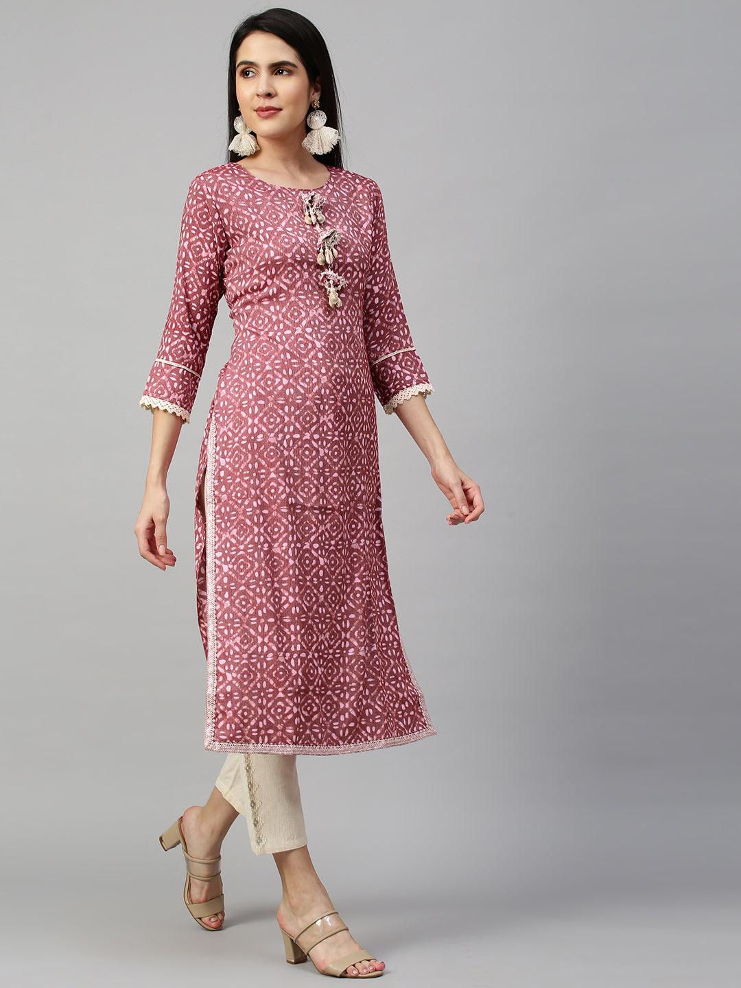 Batik Printed & Embroidered Straight Kurta - Rouge Pink - Indiakreations