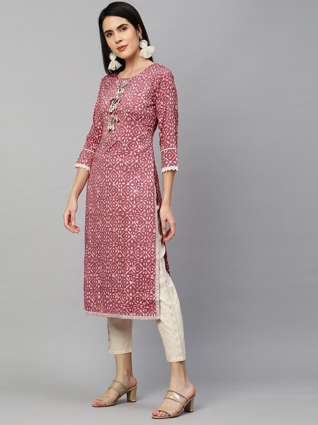 Batik Printed & Embroidered Straight Kurta - Rouge Pink - Indiakreations