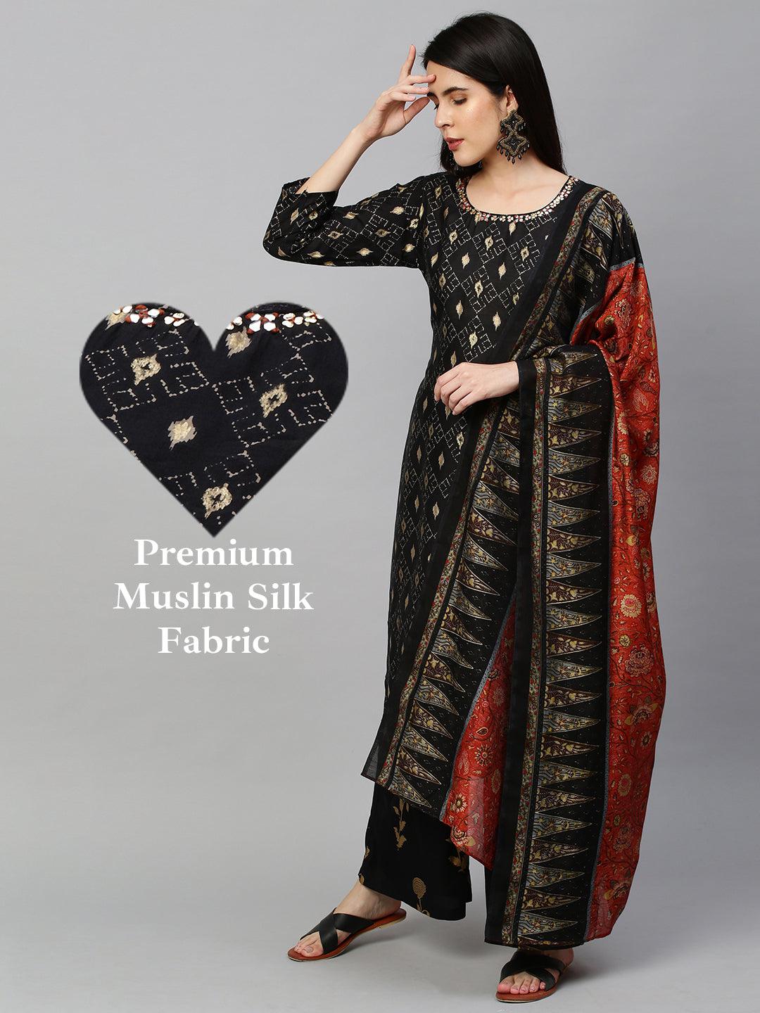 Ikat Printed Kurta with Contrast Floral Dupatta - Black - Indiakreations