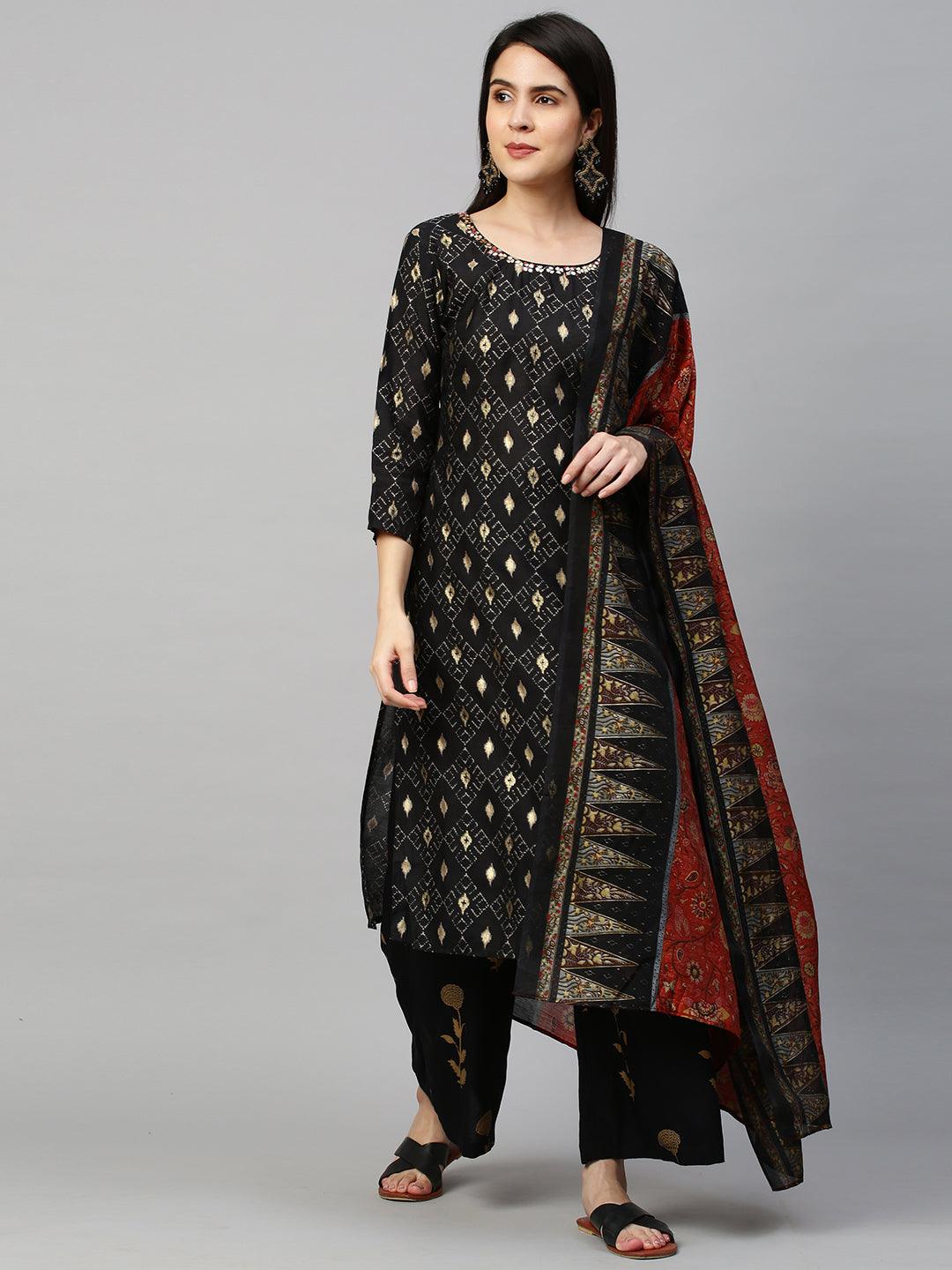 Ikat Printed Kurta with Contrast Floral Dupatta - Black - Indiakreations