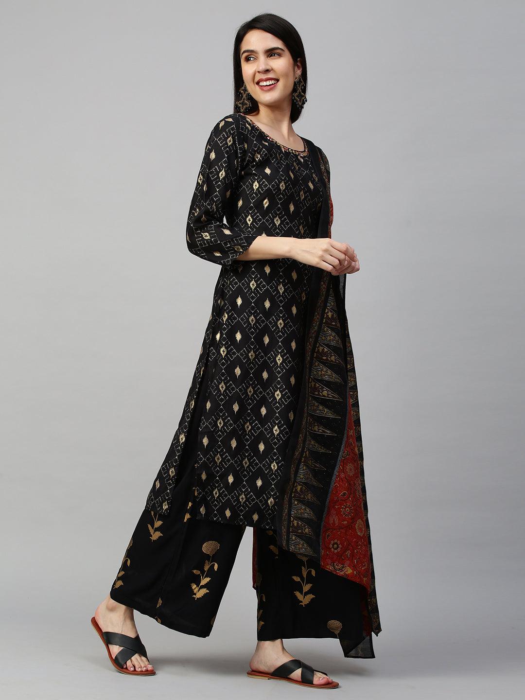 Ikat Printed Kurta with Contrast Floral Dupatta - Black - Indiakreations