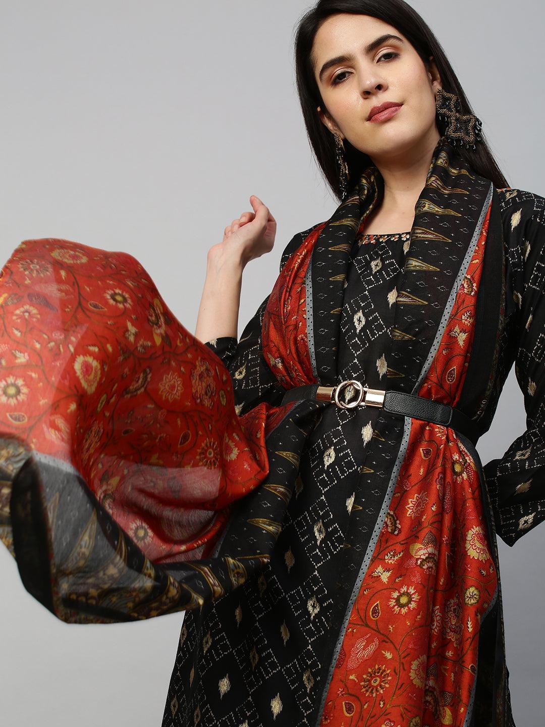 Ikat Printed Kurta with Contrast Floral Dupatta - Black - Indiakreations