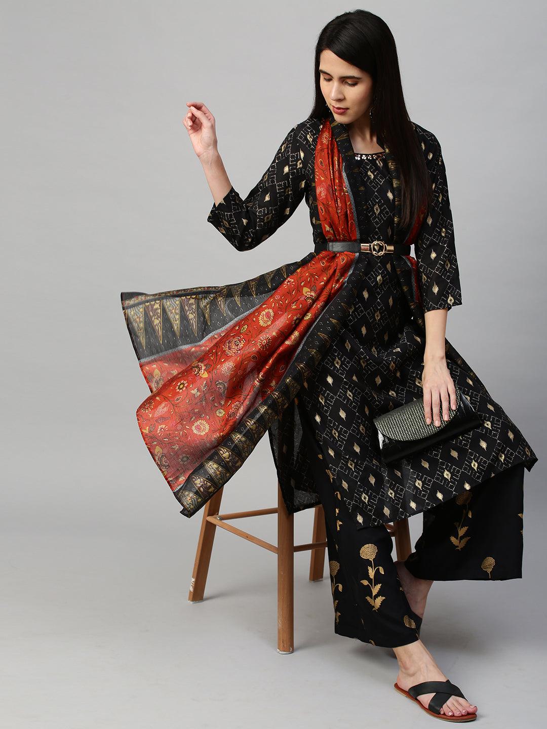 Ikat Printed Kurta with Contrast Floral Dupatta - Black - Indiakreations