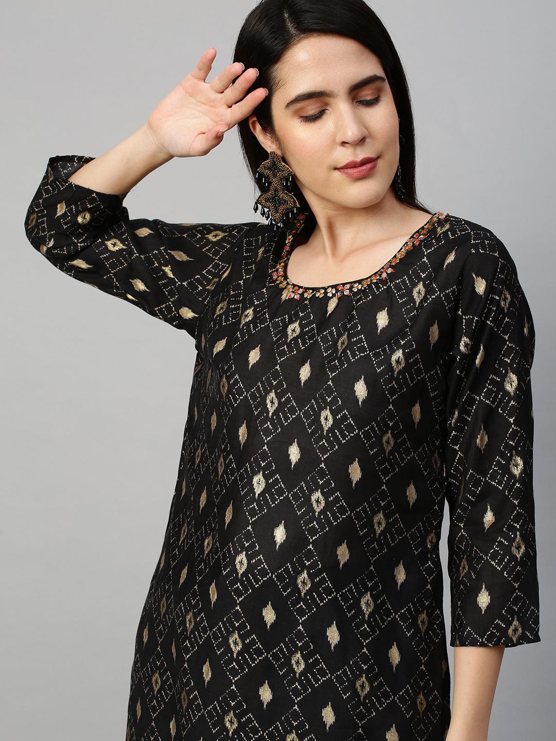 Ikat Printed Kurta with Contrast Floral Dupatta - Black - Indiakreations