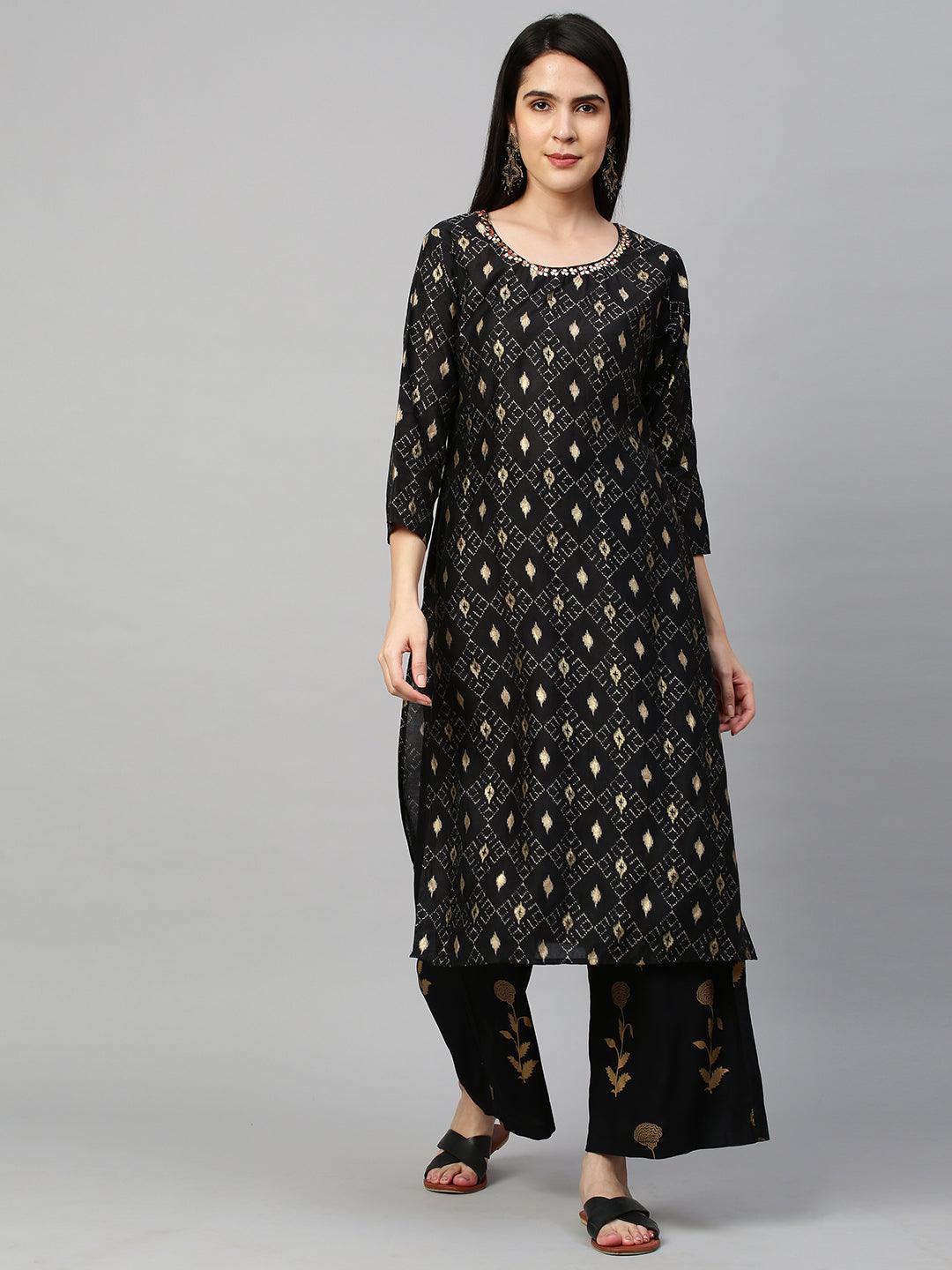 Ikat Printed Kurta with Contrast Floral Dupatta - Black - Indiakreations