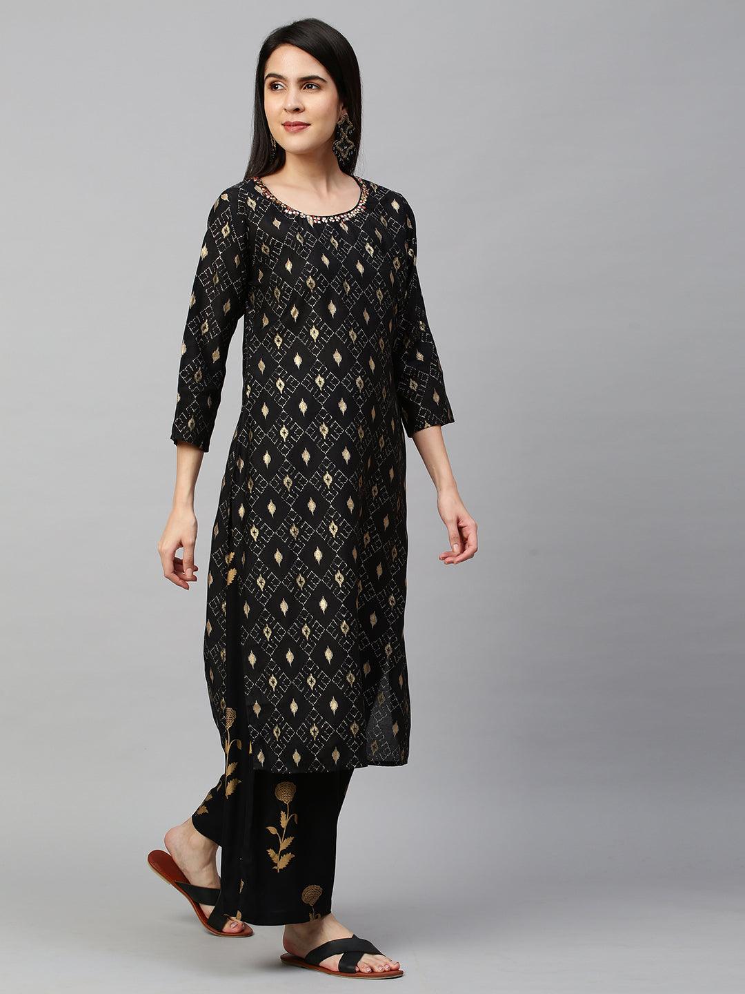 Ikat Printed Kurta with Contrast Floral Dupatta - Black - Indiakreations