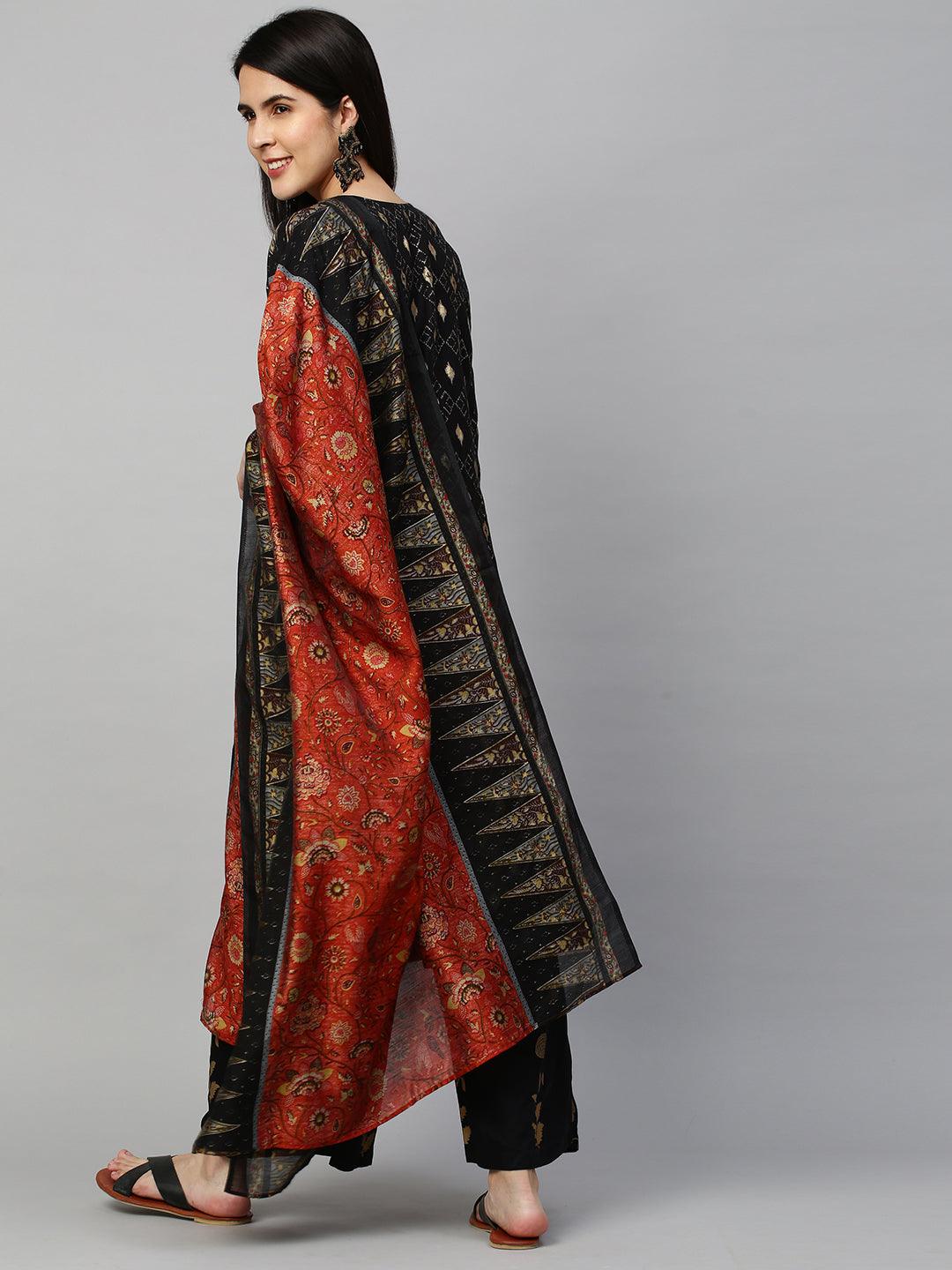 Ikat Printed Kurta with Contrast Floral Dupatta - Black - Indiakreations