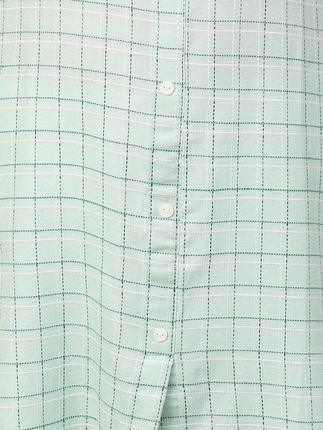 Kantha Checkered woven A-Line Kurta - Mint Green - Indiakreations