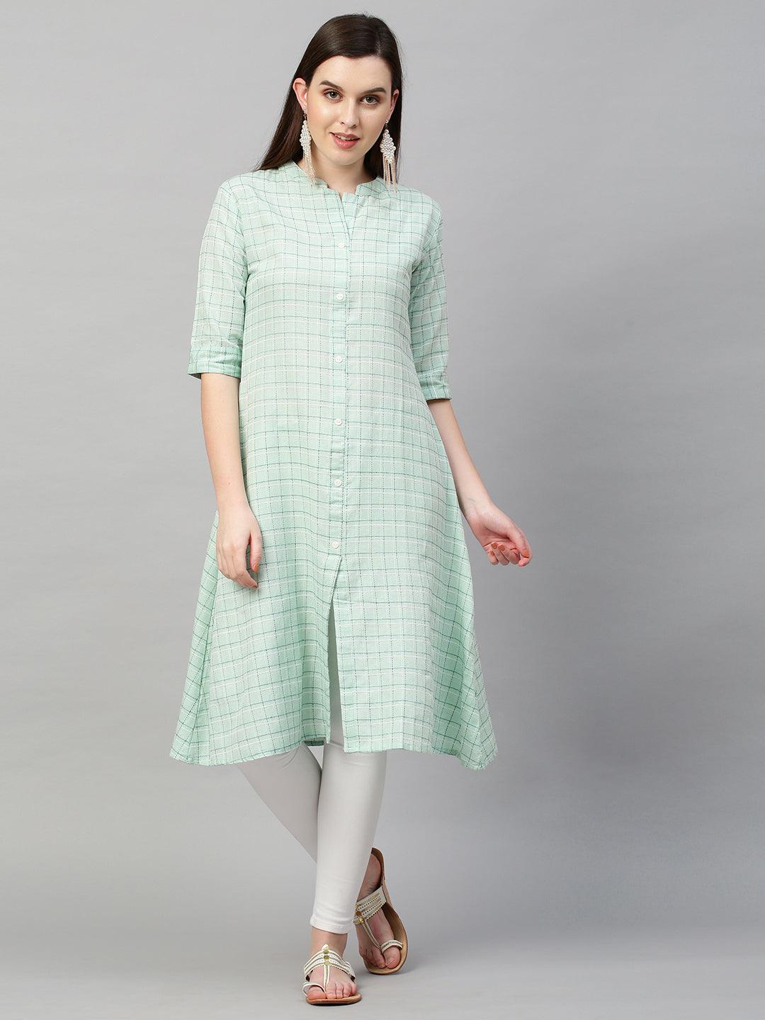 Kantha Checkered woven A-Line Kurta - Mint Green - Indiakreations