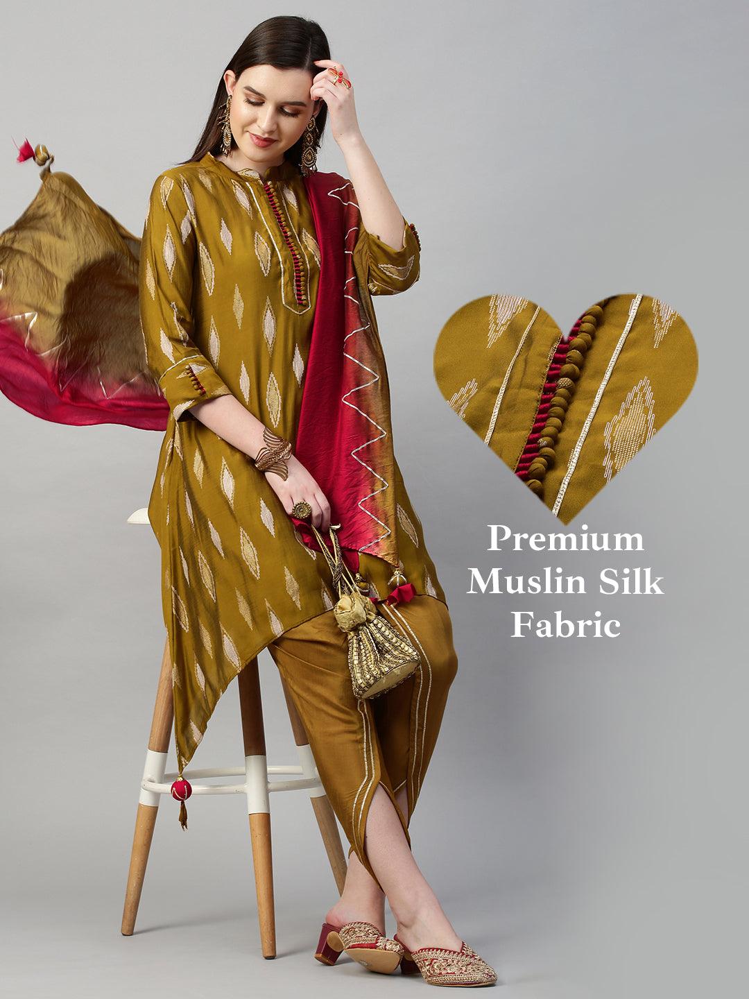 Ikat High low Kurta & Dupatta with Dhoti Pant - Ochre Yellow - Indiakreations