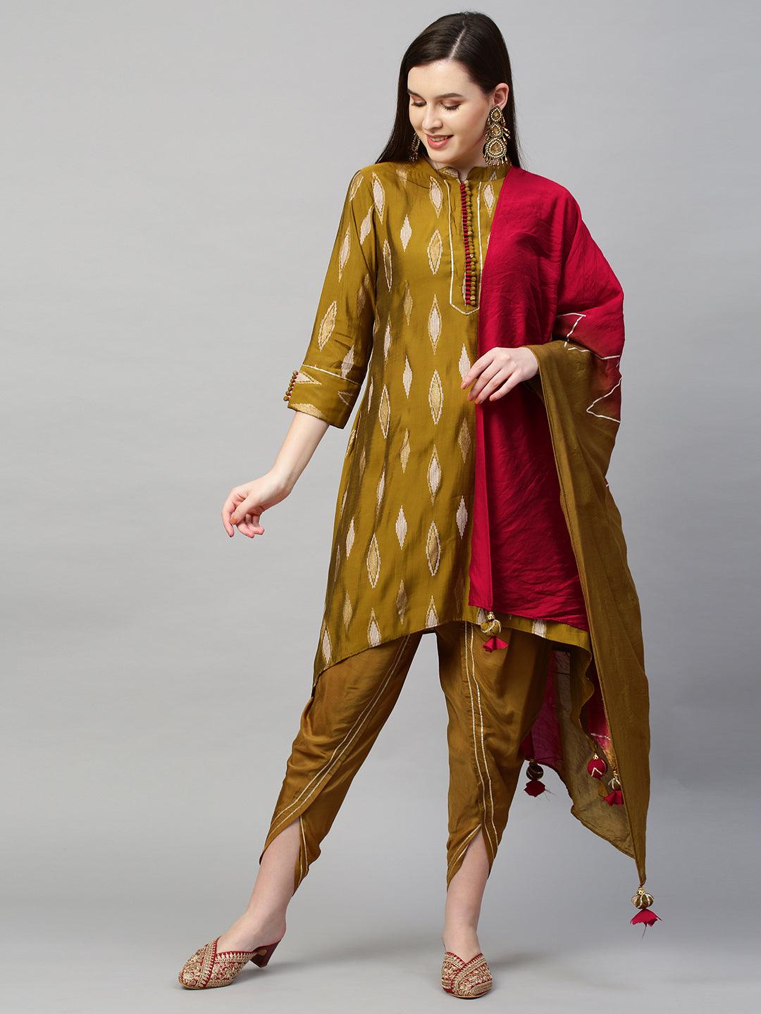 Ikat High low Kurta & Dupatta with Dhoti Pant - Ochre Yellow - Indiakreations