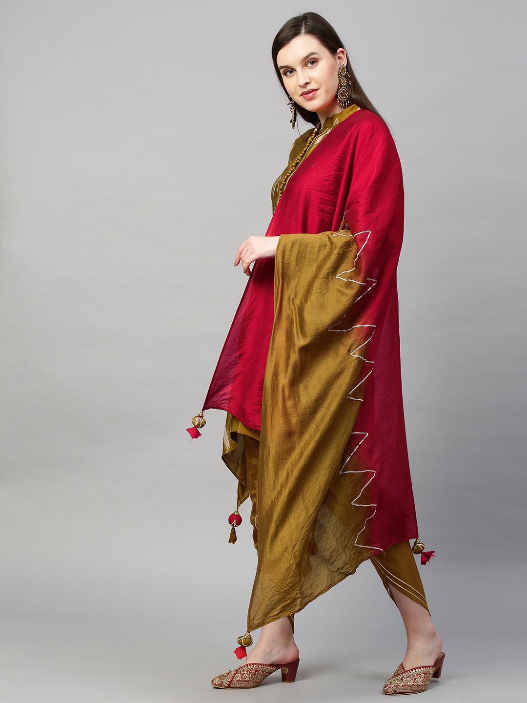 Ikat High low Kurta & Dupatta with Dhoti Pant - Ochre Yellow - Indiakreations